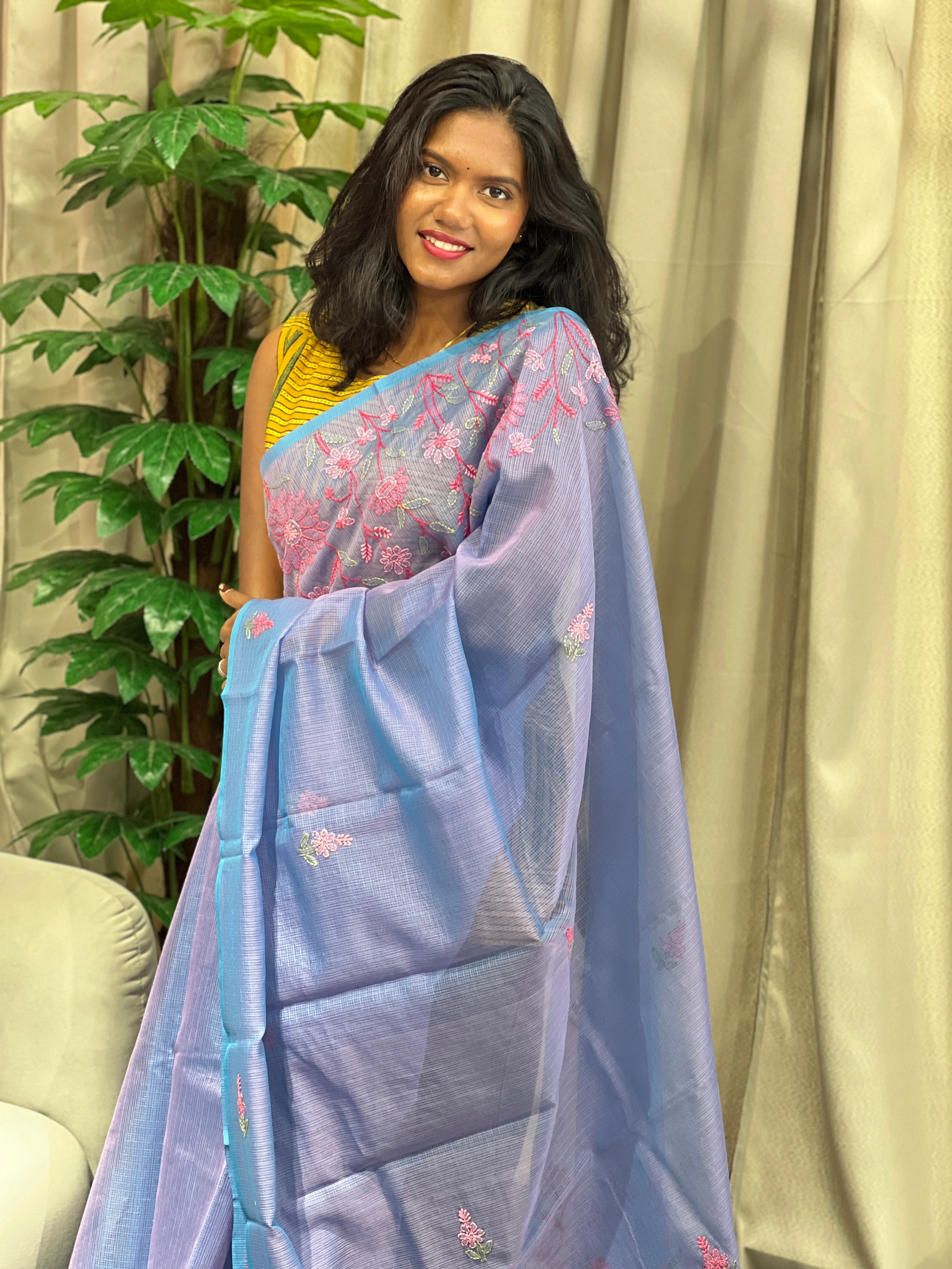 Chikankari Embroidery Detailed Muga Check Organza Saree | JSC500