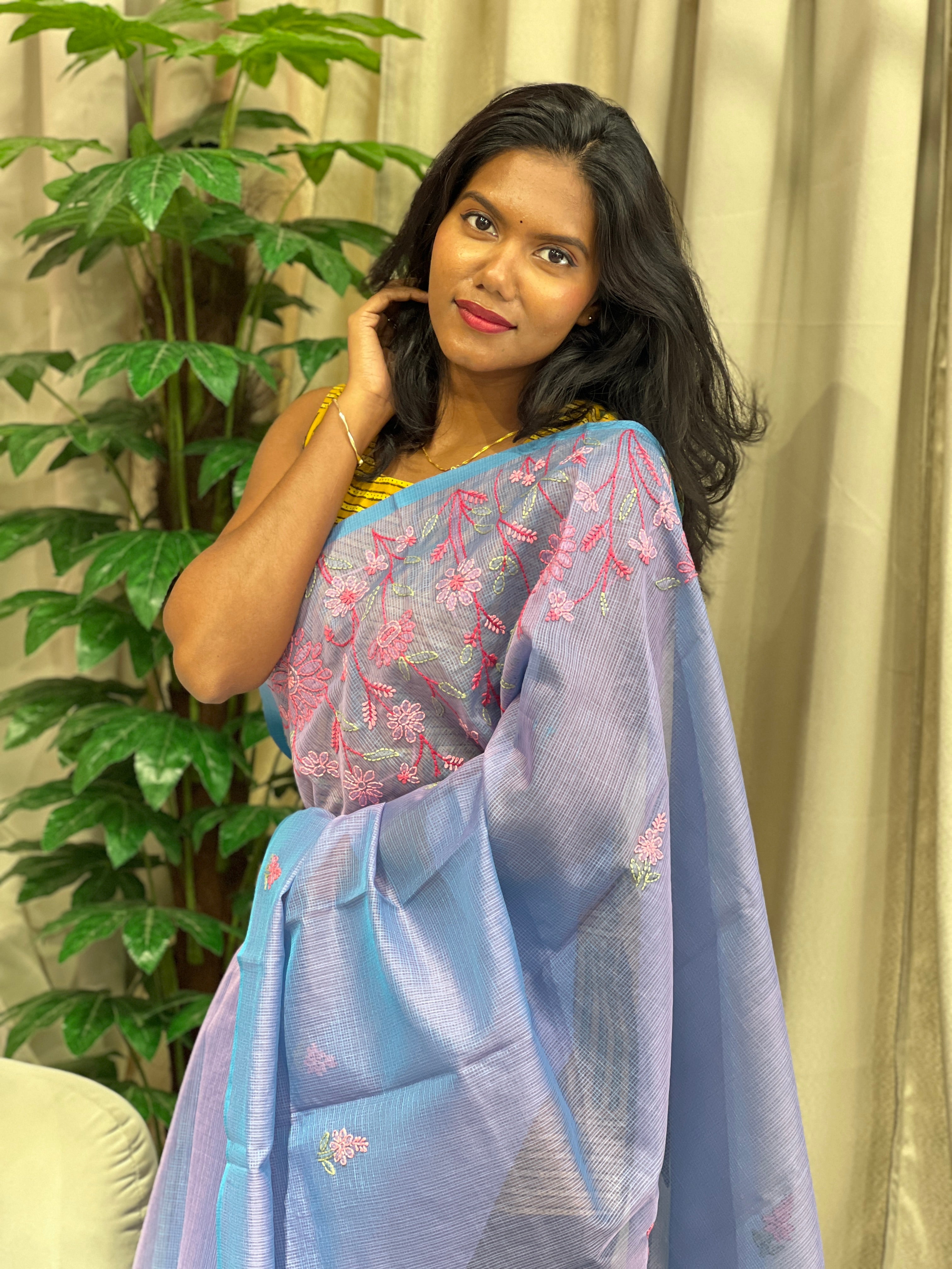 Chikankari Embroidery Detailed Muga Check Organza Saree | JSC500