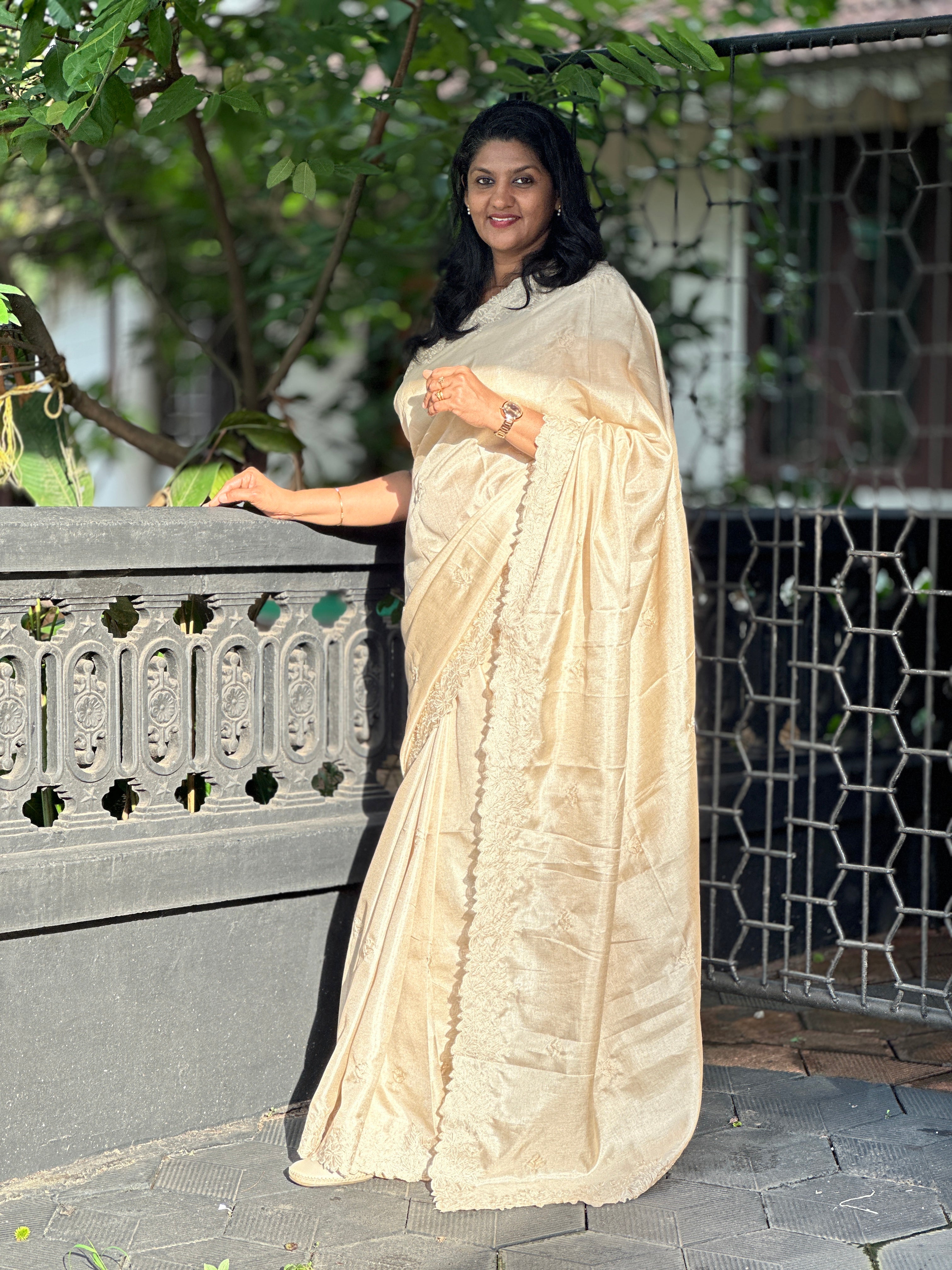 Machine Embroidered Semi Tussar Saree | VDA299