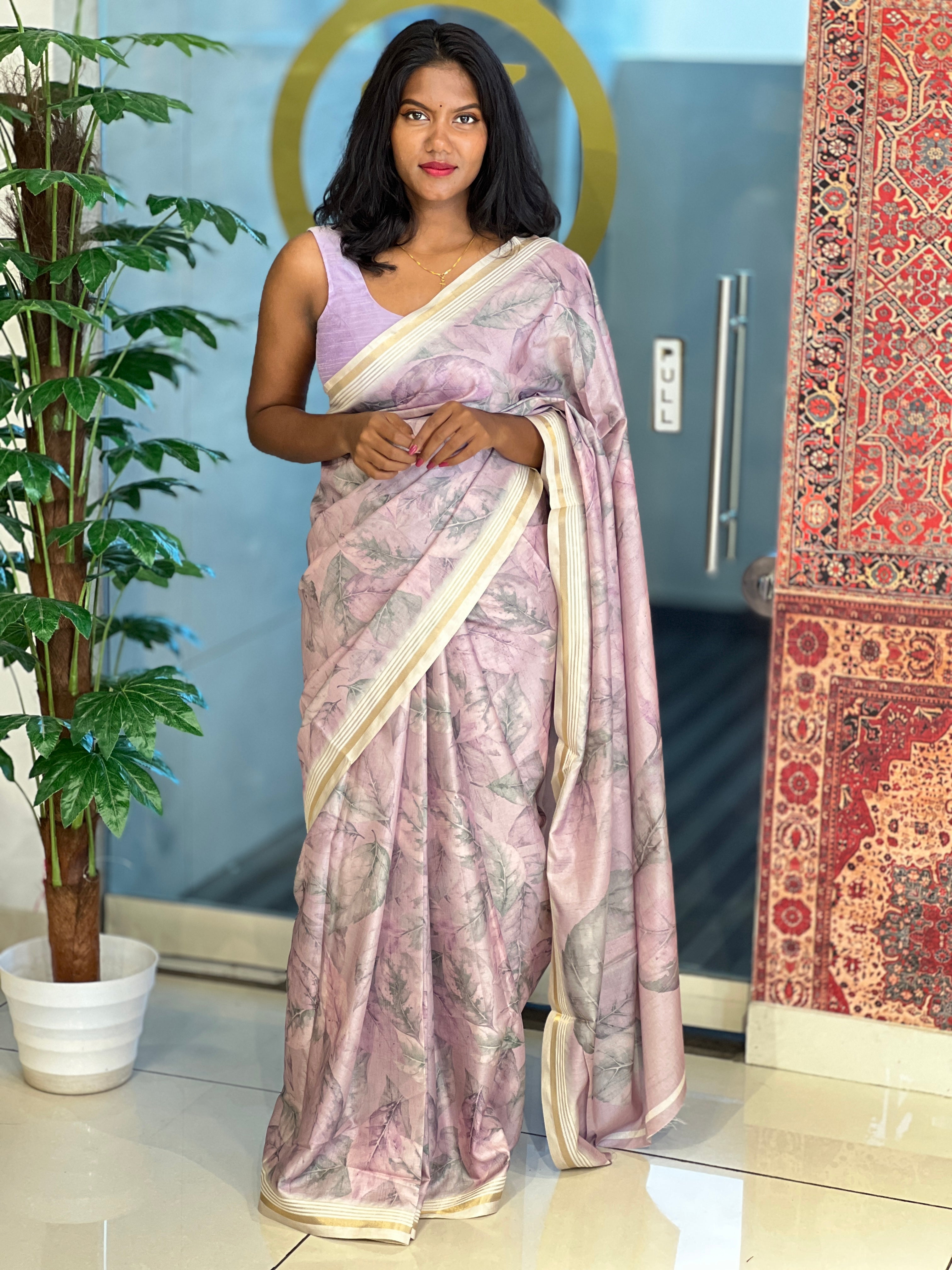Leaf Print & Zari Detailed Semi Tussar Saree | SSN413
