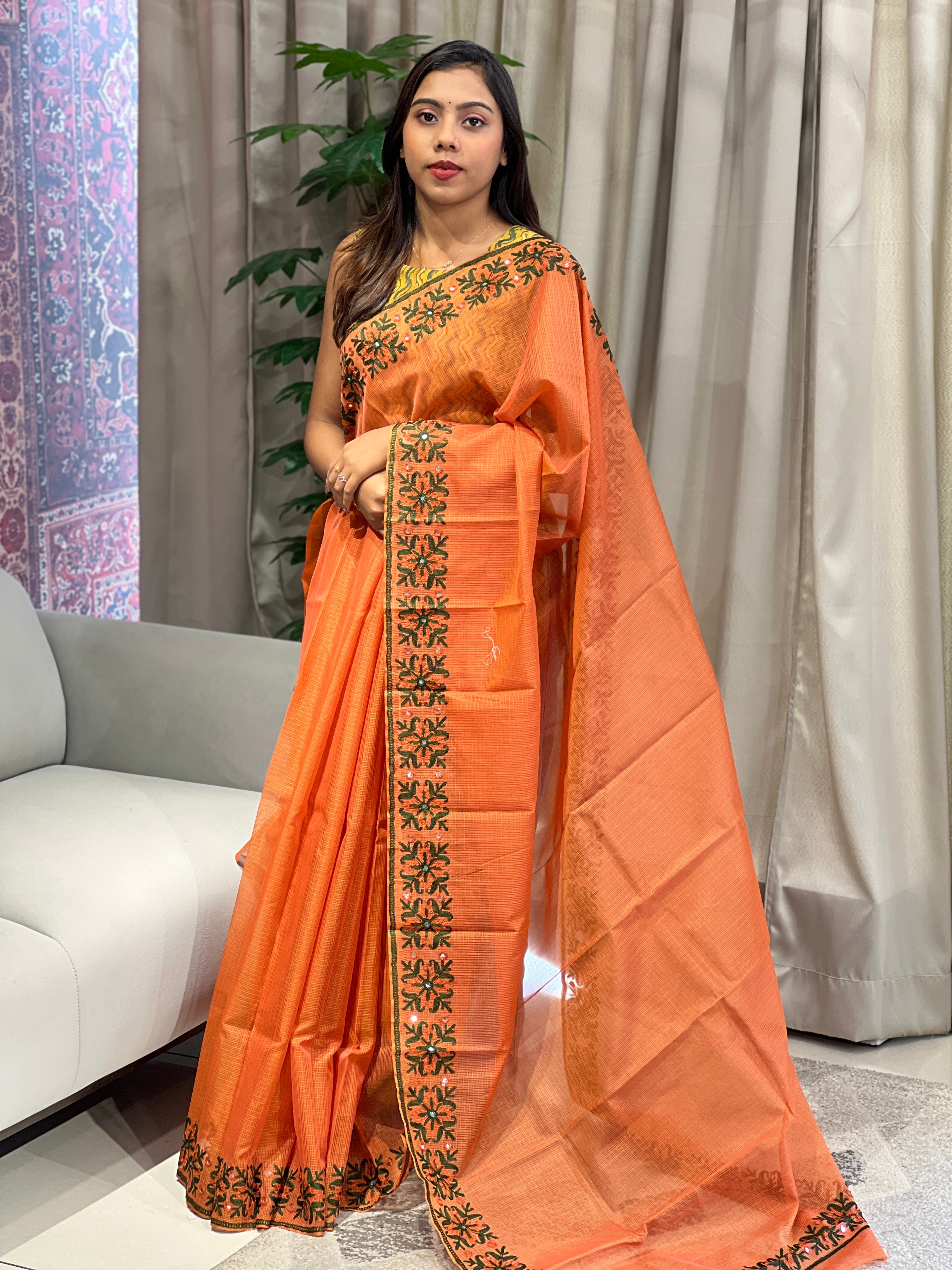 Embroidery With Mirror Detailed Muga Check Organza Saree | JSC493