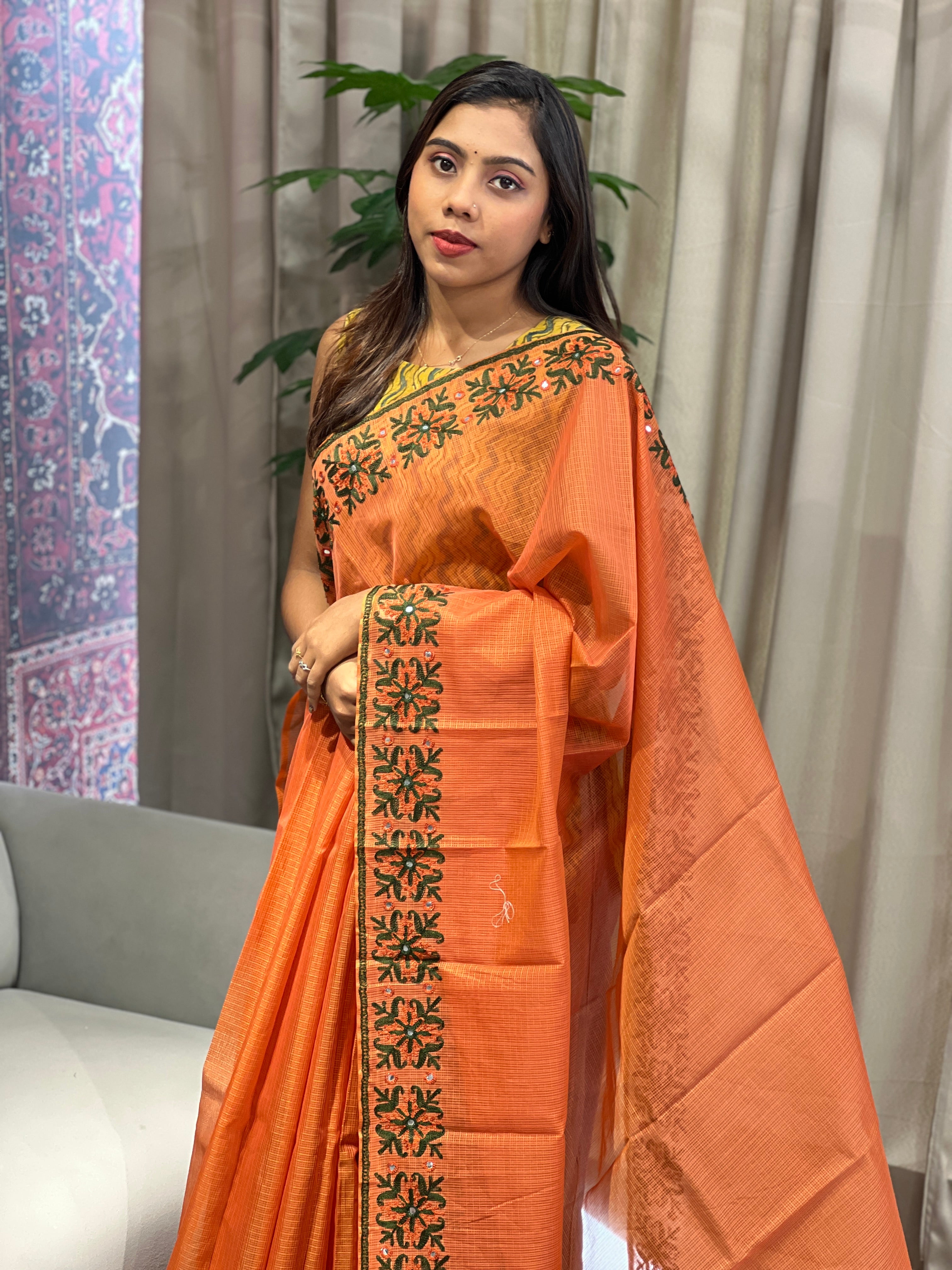 Embroidery With Mirror Detailed Muga Check Organza Saree | JSC493