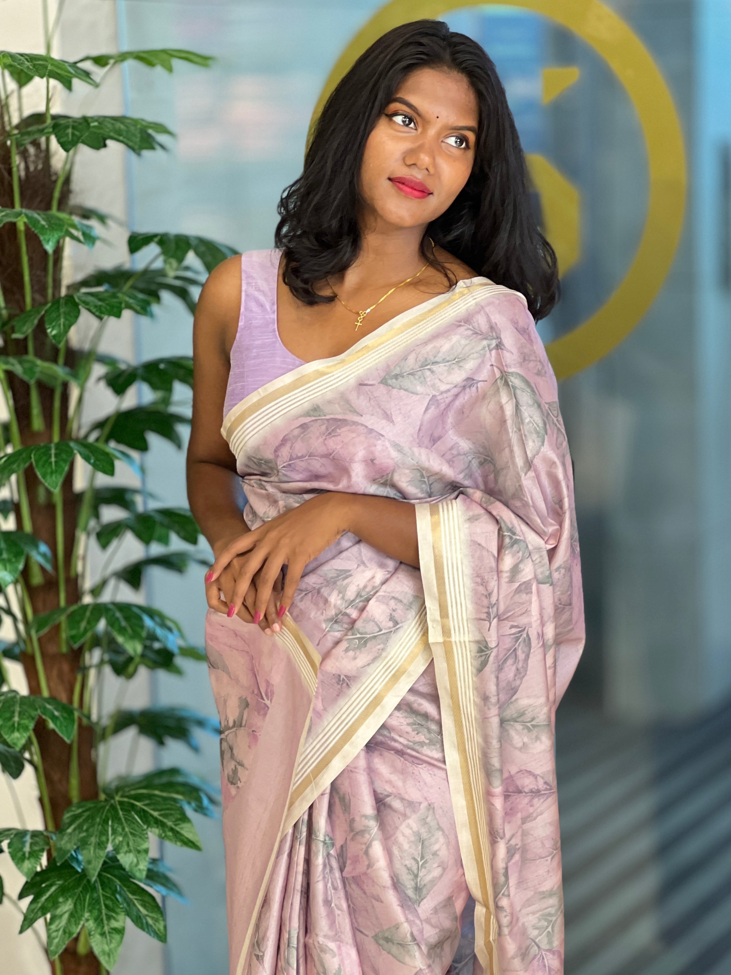 Leaf Print & Zari Detailed Semi Tussar Saree | SSN413