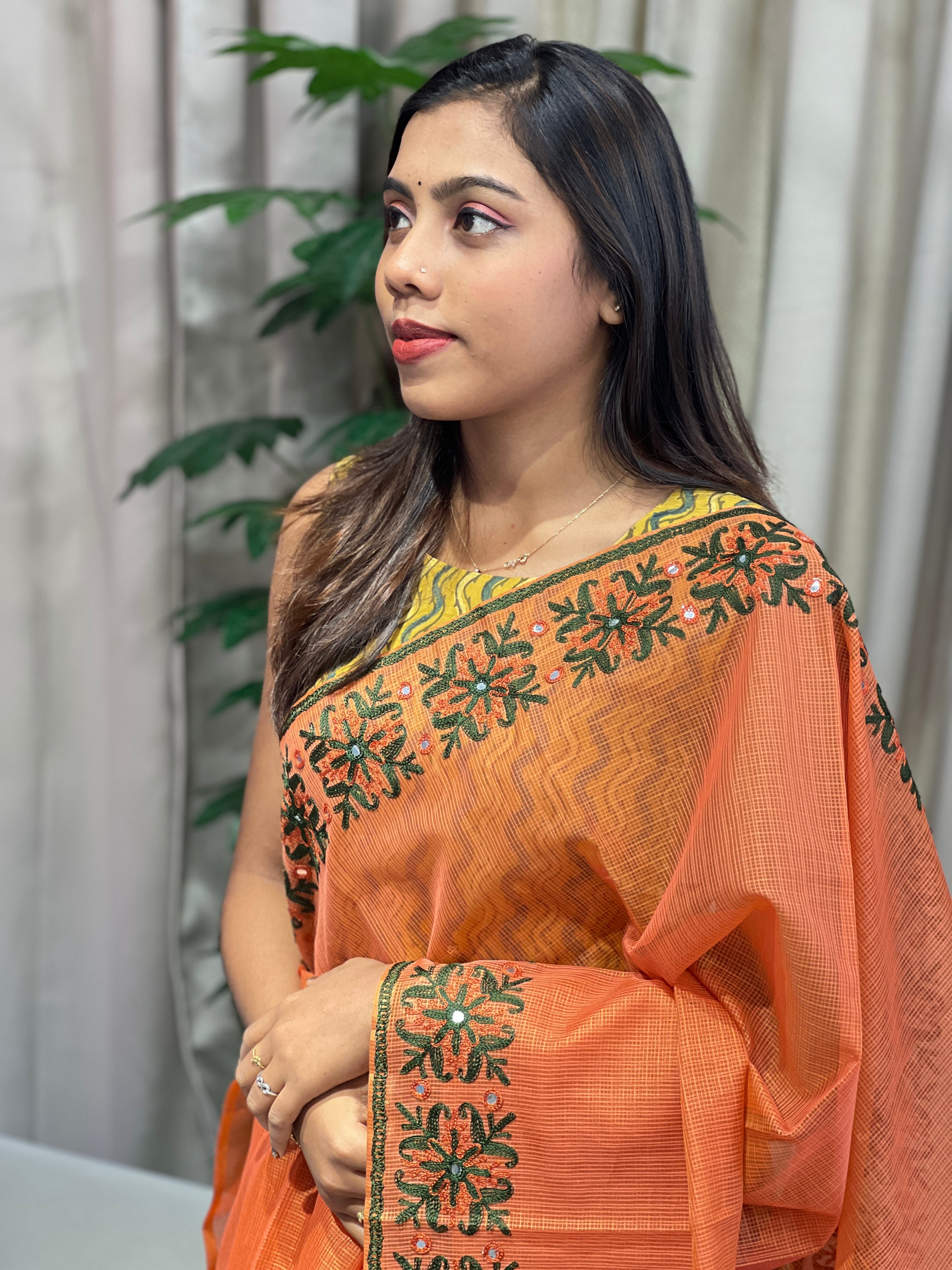 Embroidery With Mirror Detailed Muga Check Organza Saree | JSC493