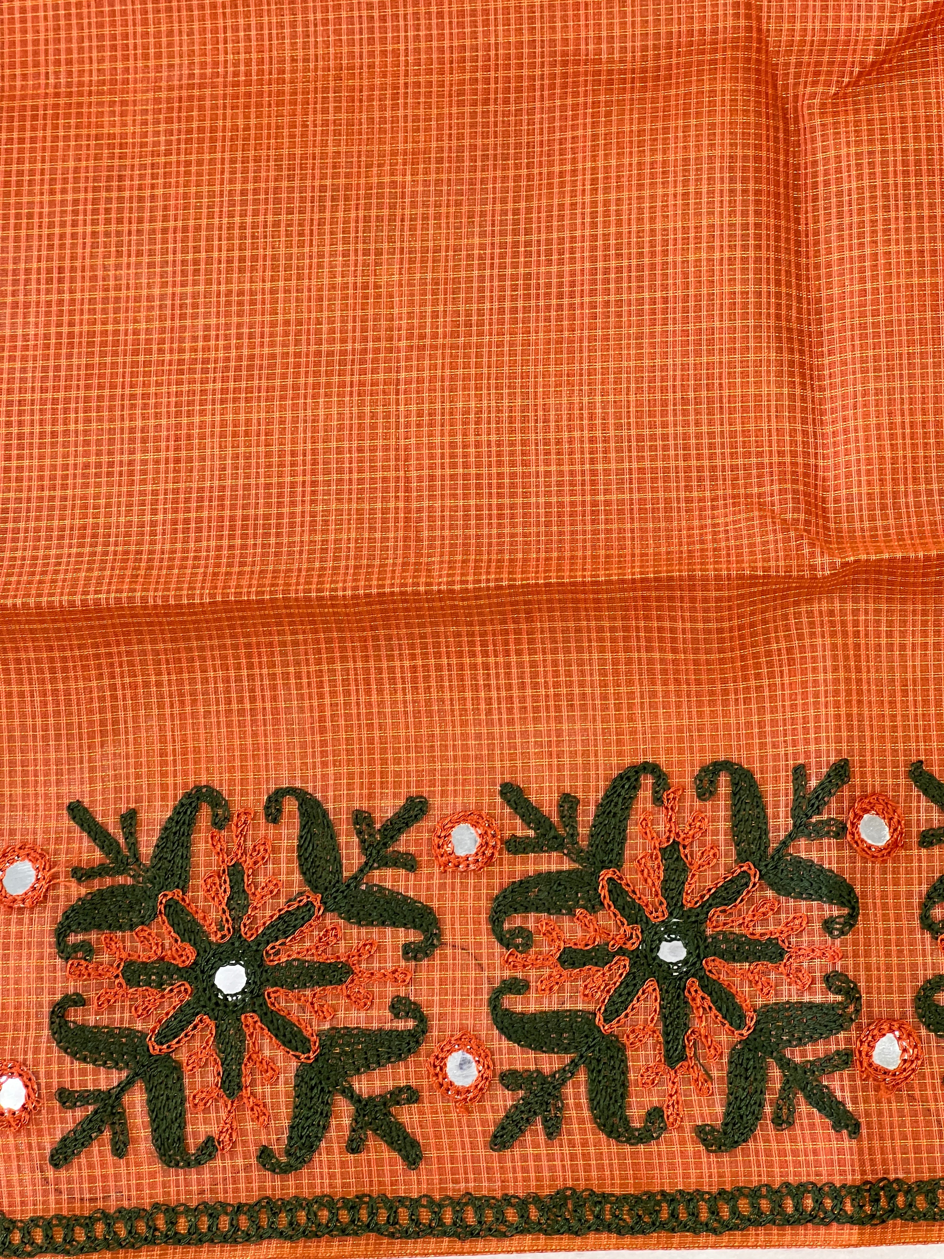 Embroidery With Mirror Detailed Muga Check Organza Saree | JSC493