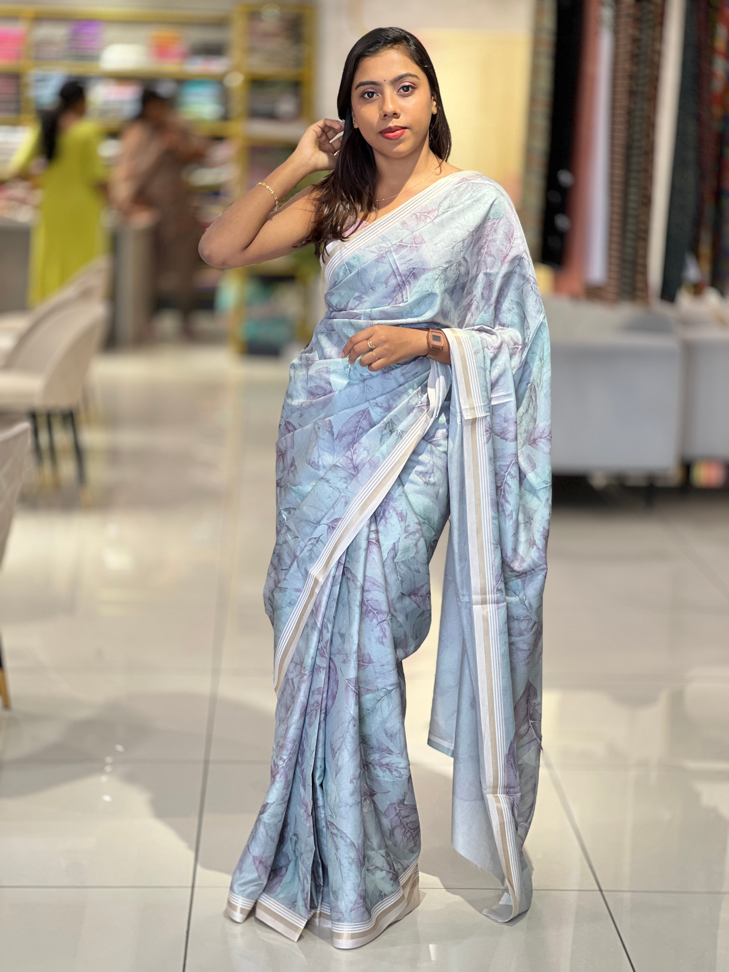 Leaf Print & Zari Detailed Semi Tussar Saree | SSN410