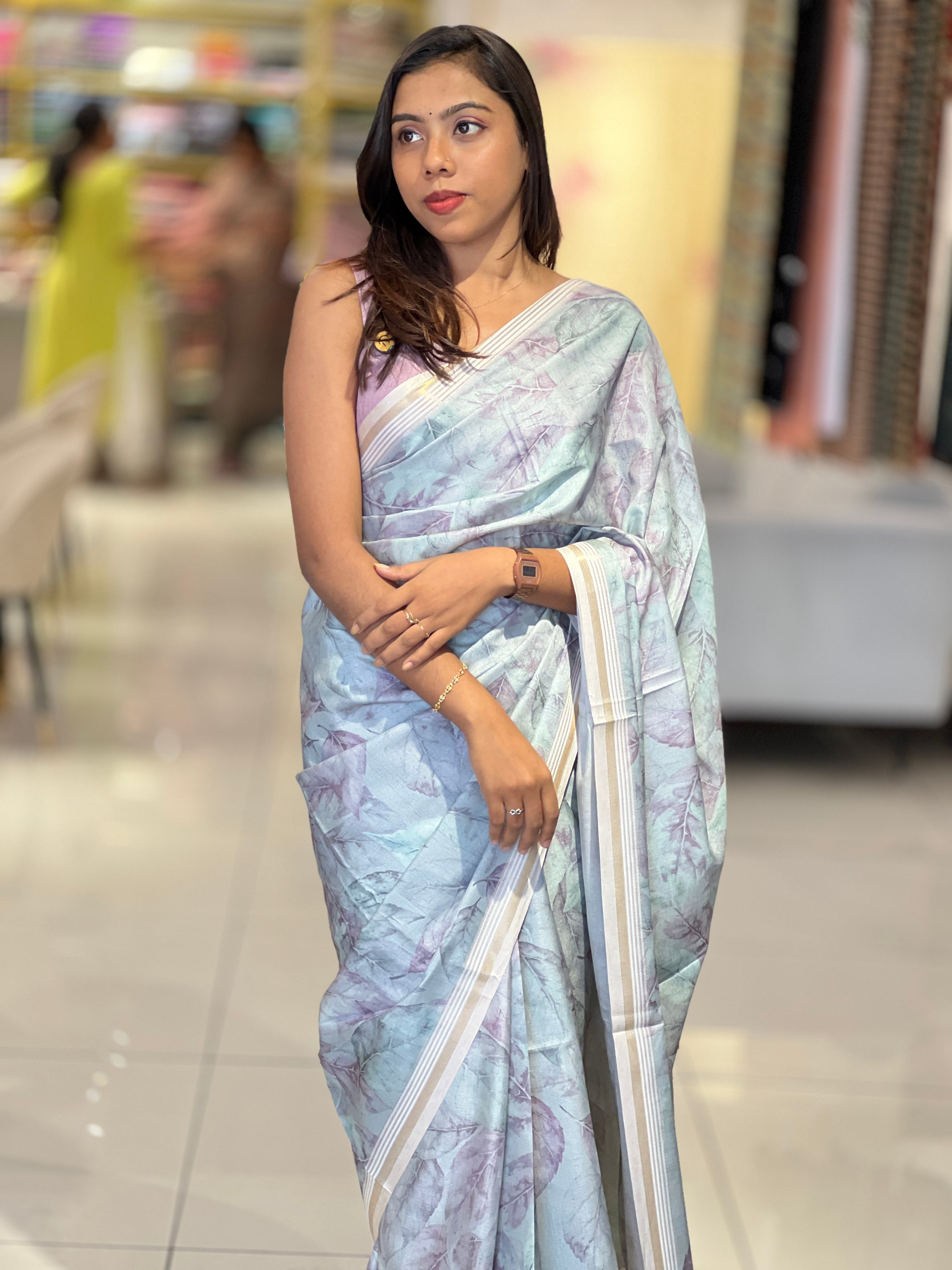 Leaf Print & Zari Detailed Semi Tussar Saree | SSN410
