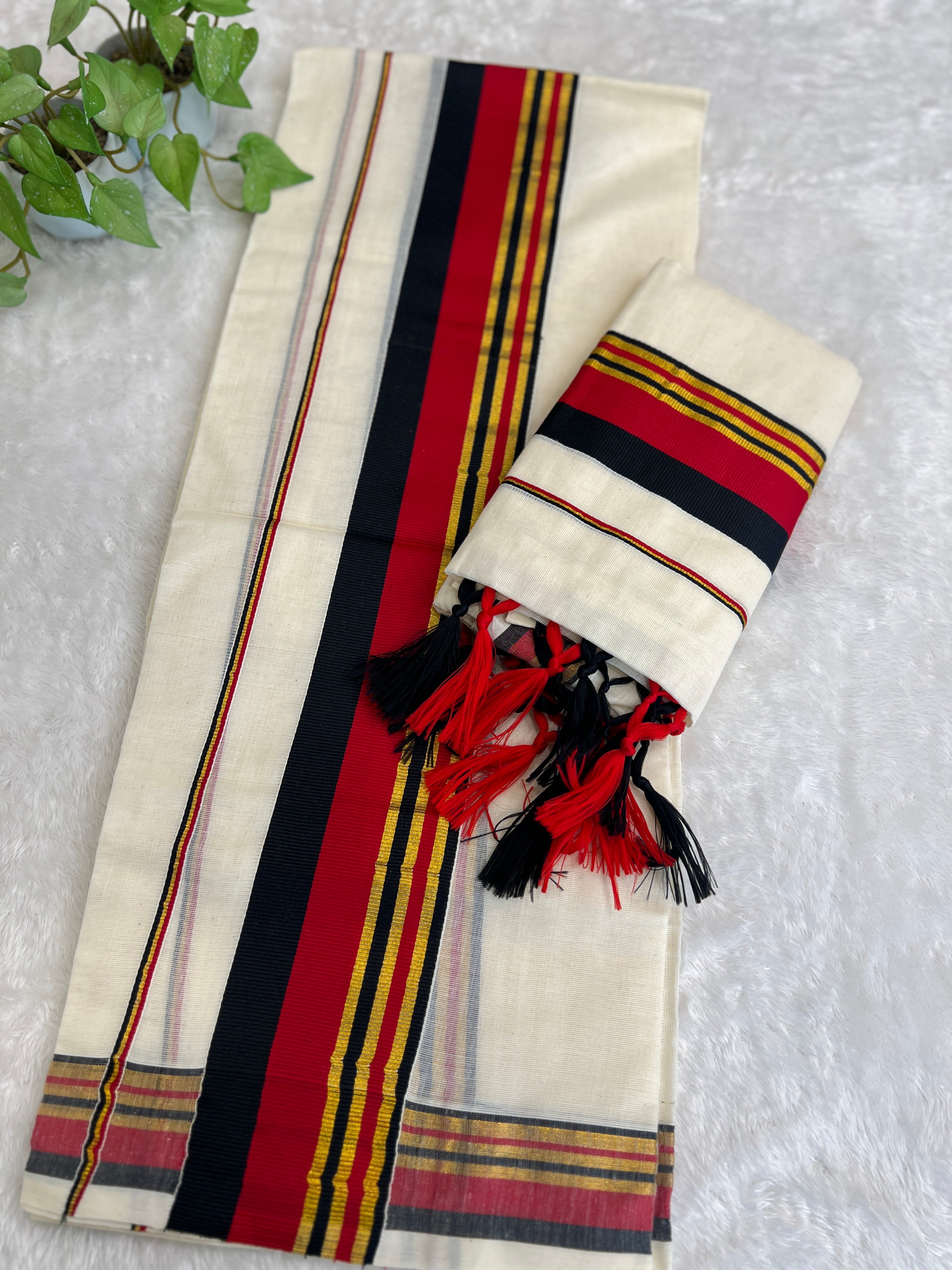 Stripe Border Pattern Kerala Cotton Set Mundu | GAT586