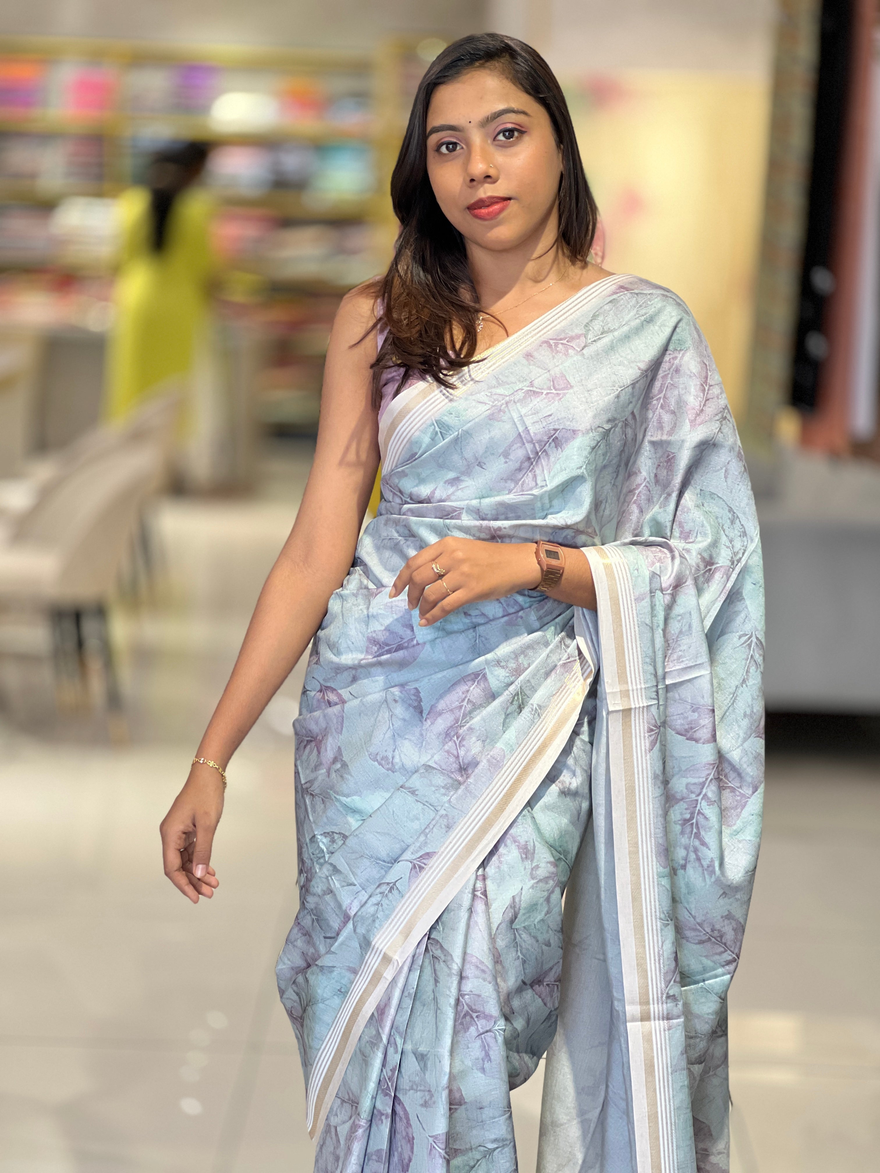 Leaf Print & Zari Detailed Semi Tussar Saree | SSN410