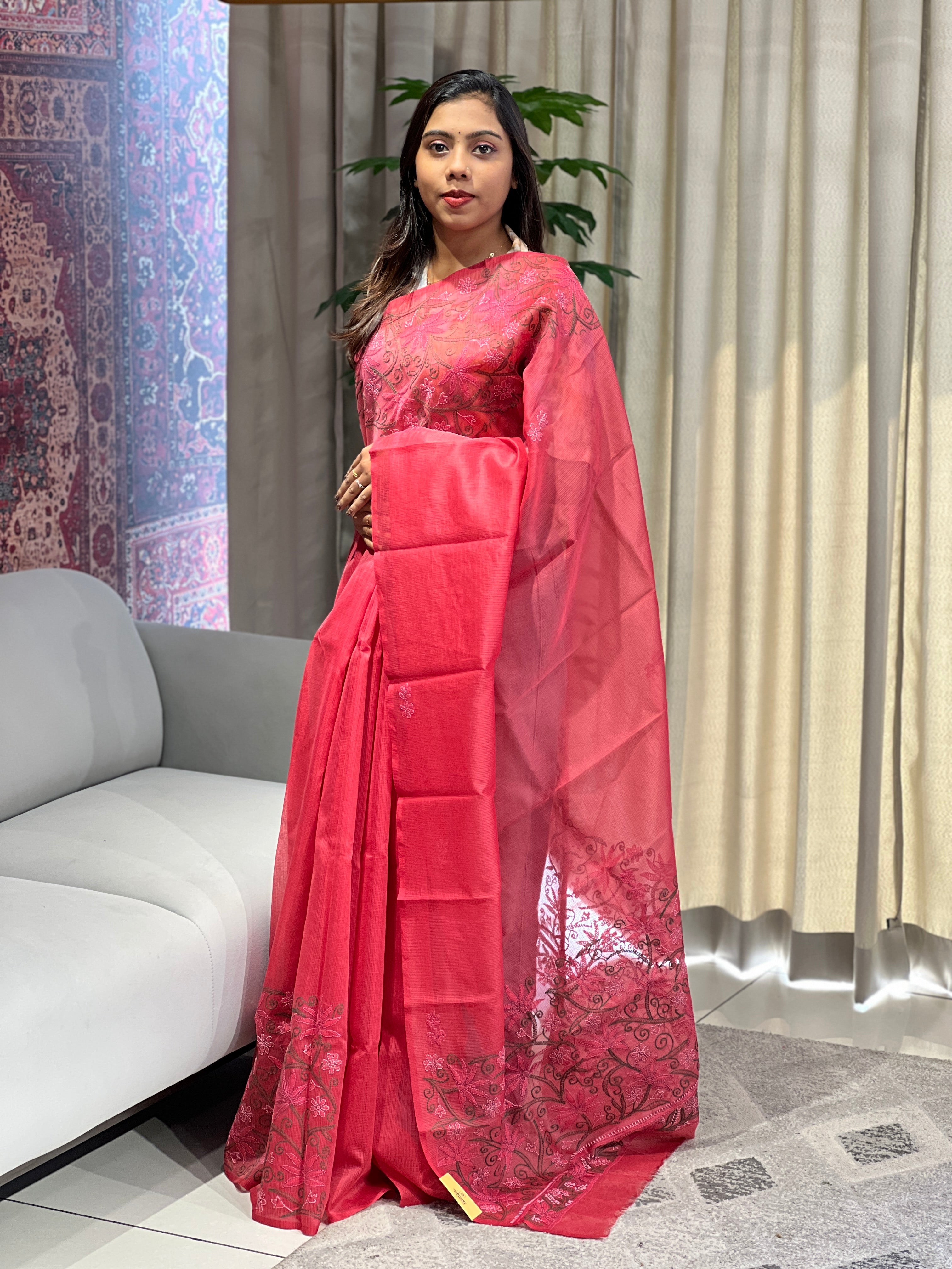 Chikankari Embroidery Detailed Muga Check Organza Saree | JSC503