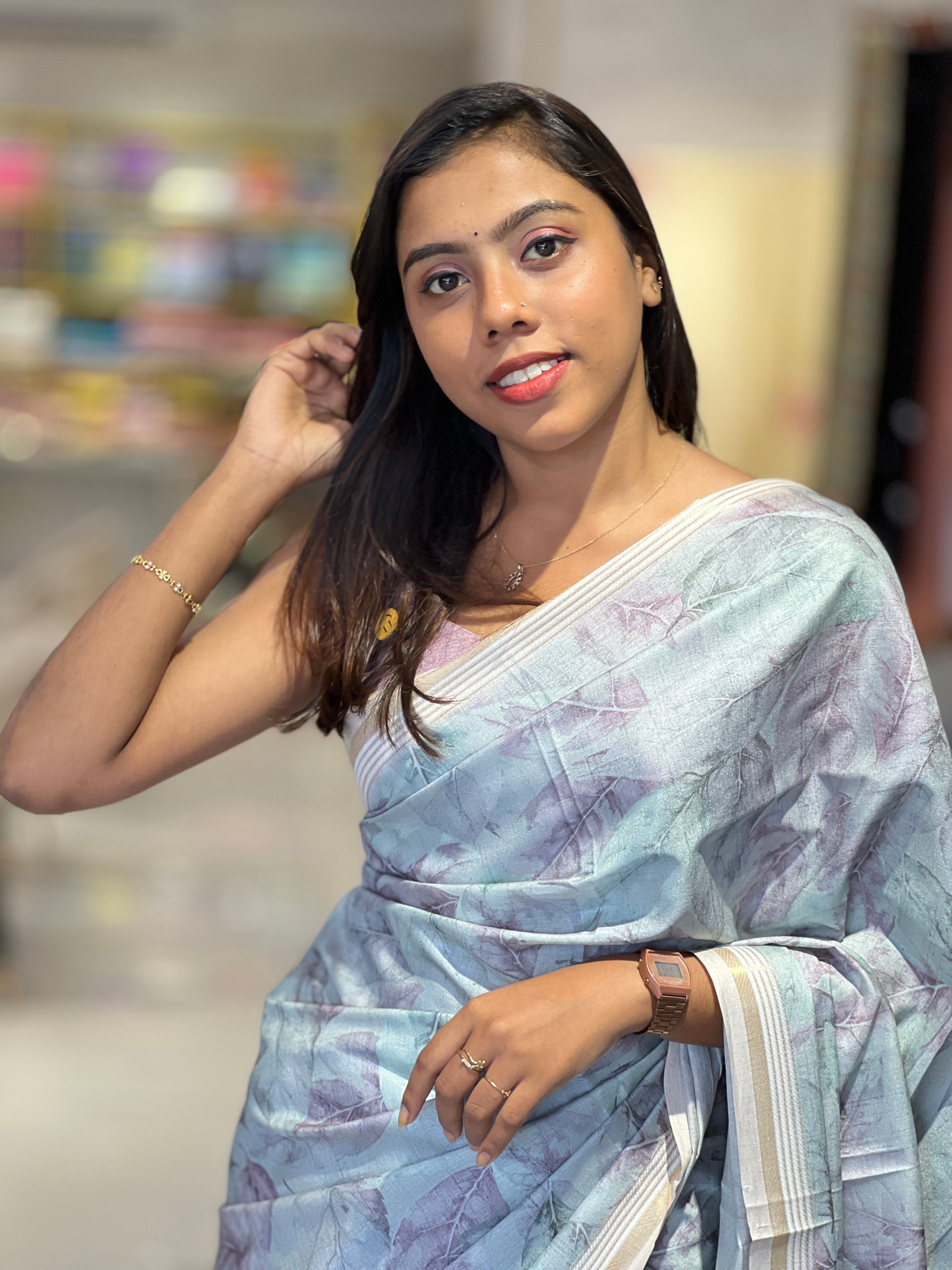 Leaf Print & Zari Detailed Semi Tussar Saree | SSN410