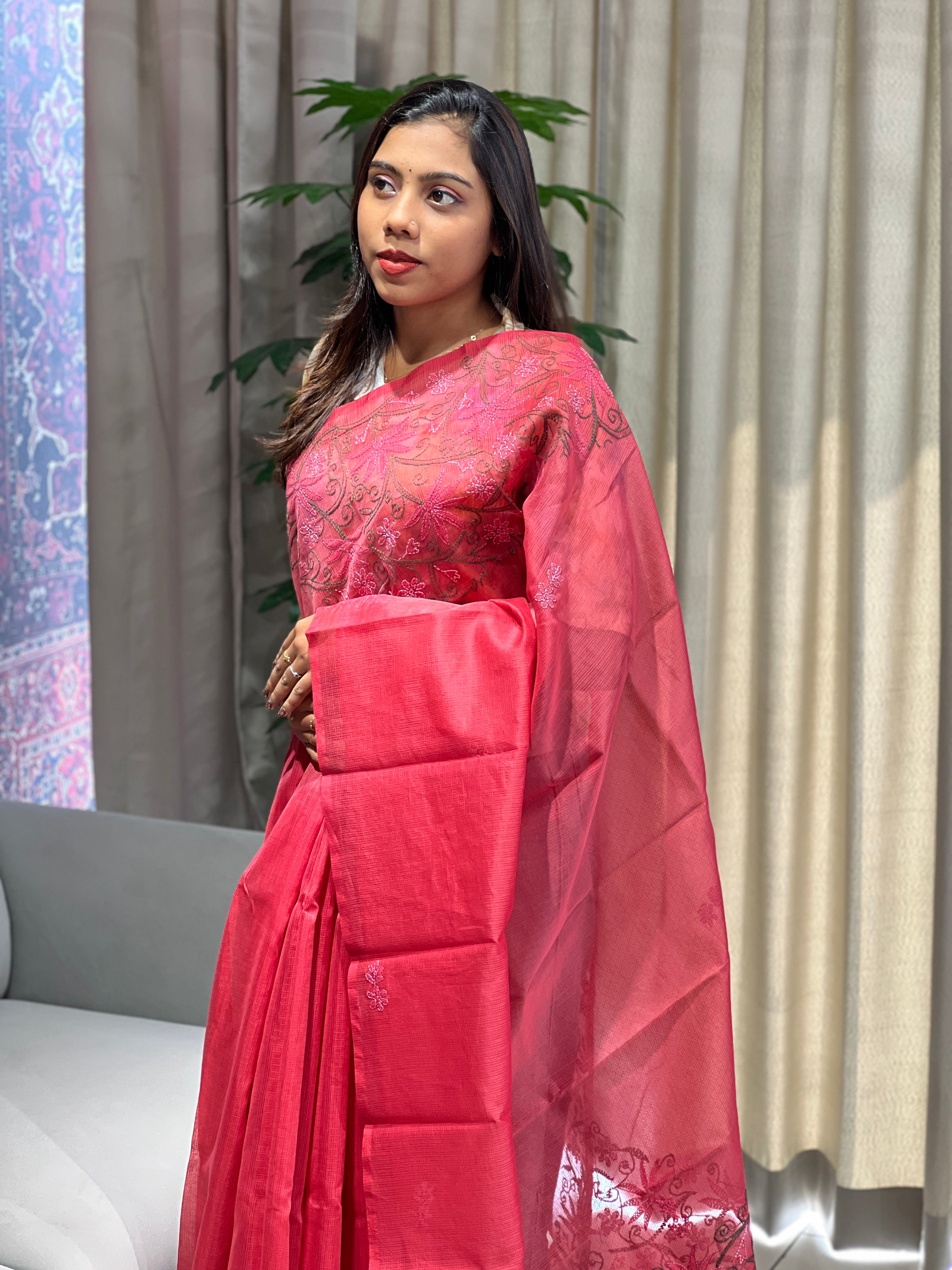 Chikankari Embroidery Detailed Muga Check Organza Saree | JSC503