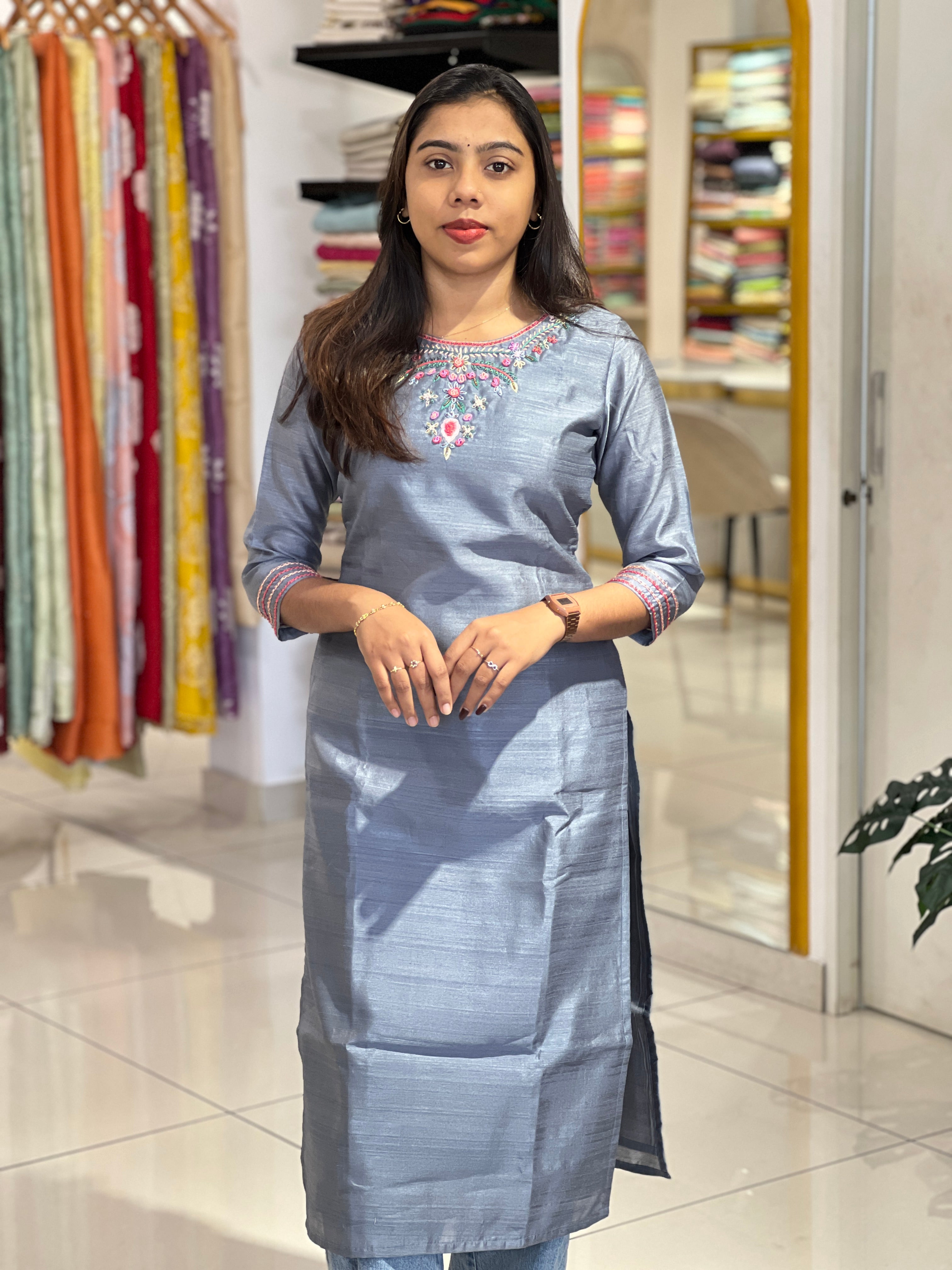 Multicolour Thread Embroidery Detailed Raw Cotton Kurta | DNT154