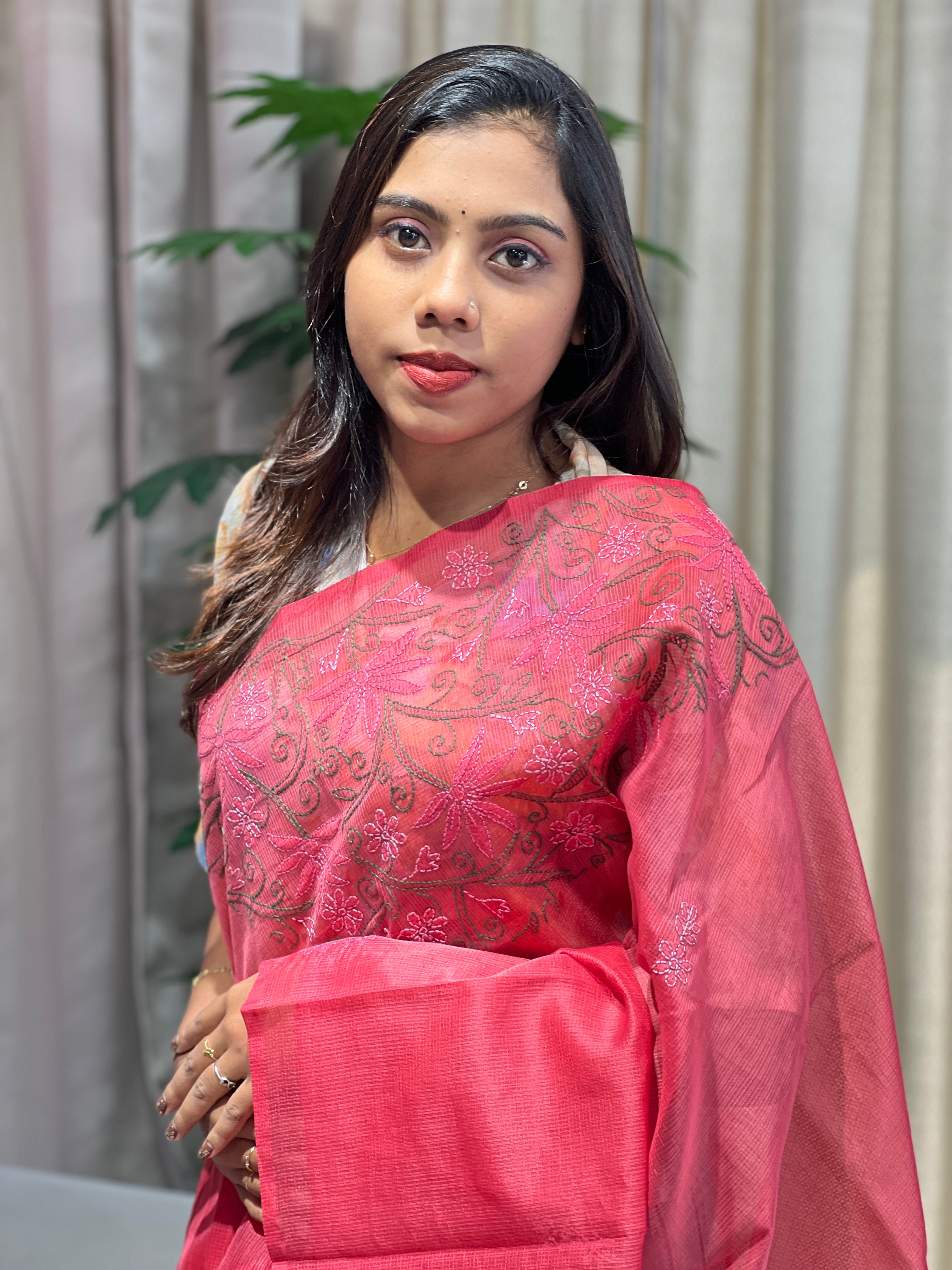 Chikankari Embroidery Detailed Muga Check Organza Saree | JSC503