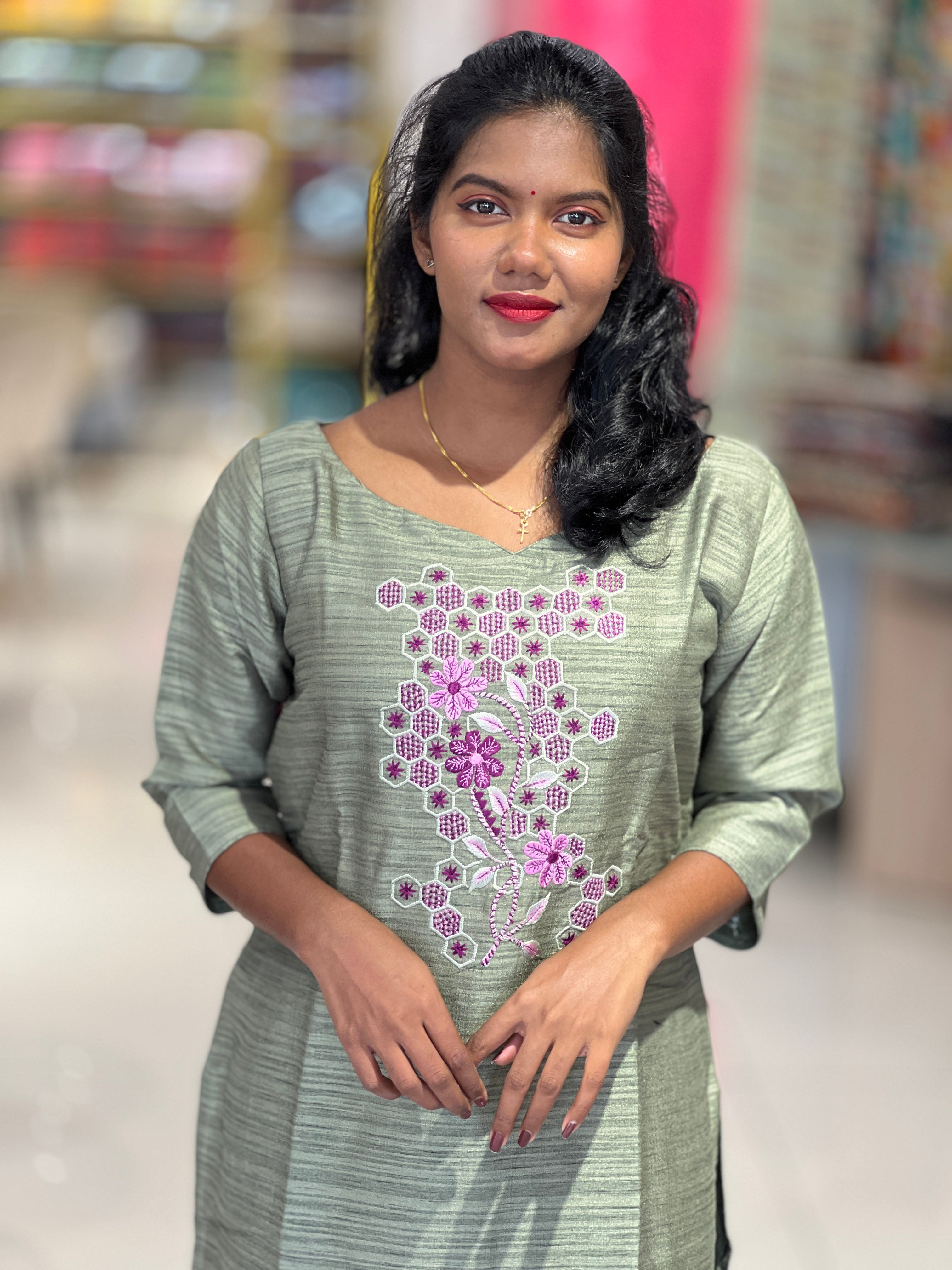Machine Embroidered Semi Jute Kurta | DNT531