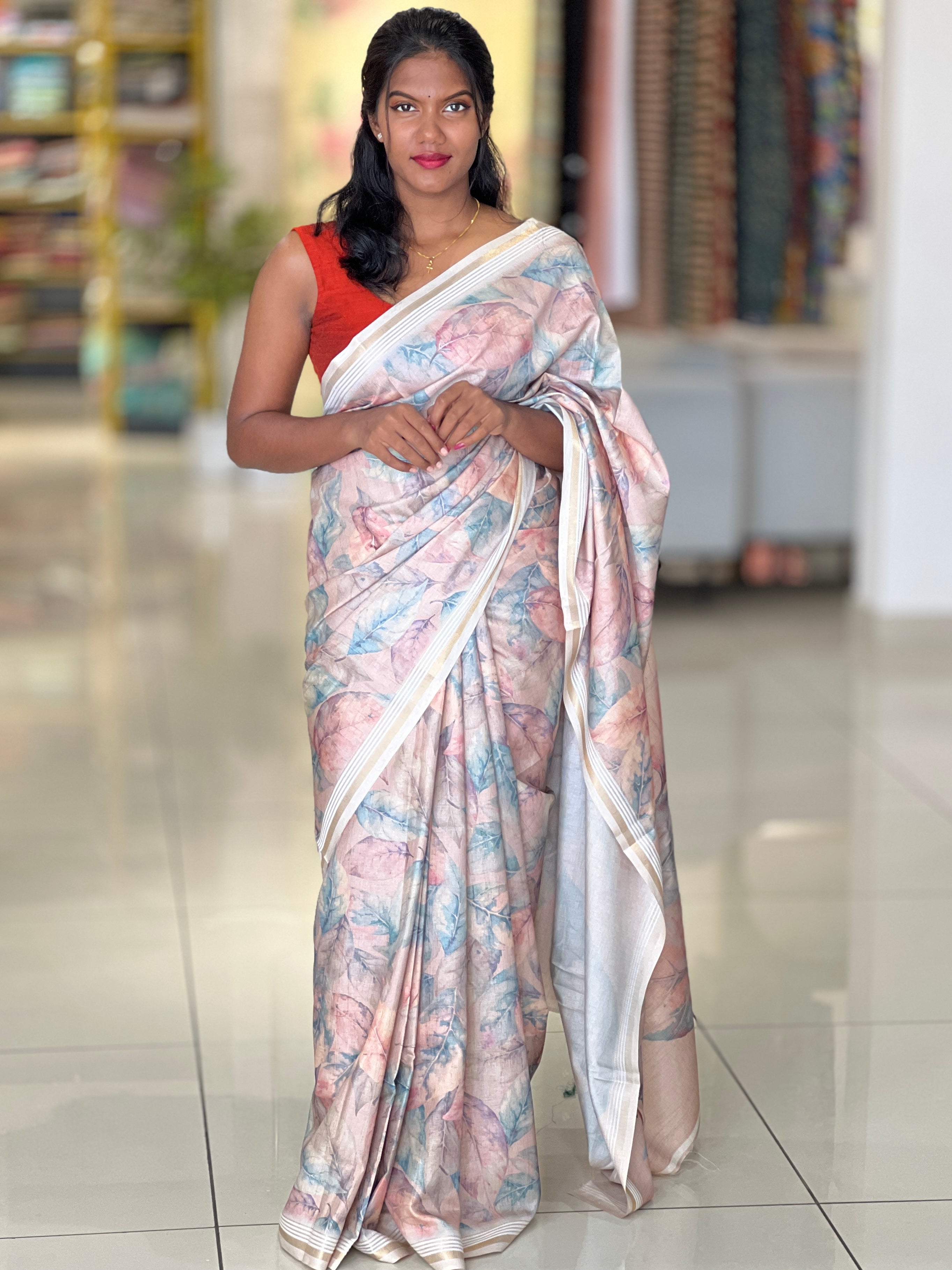 Leaf Print & Zari Detailed Semi Tussar Saree | SSN412