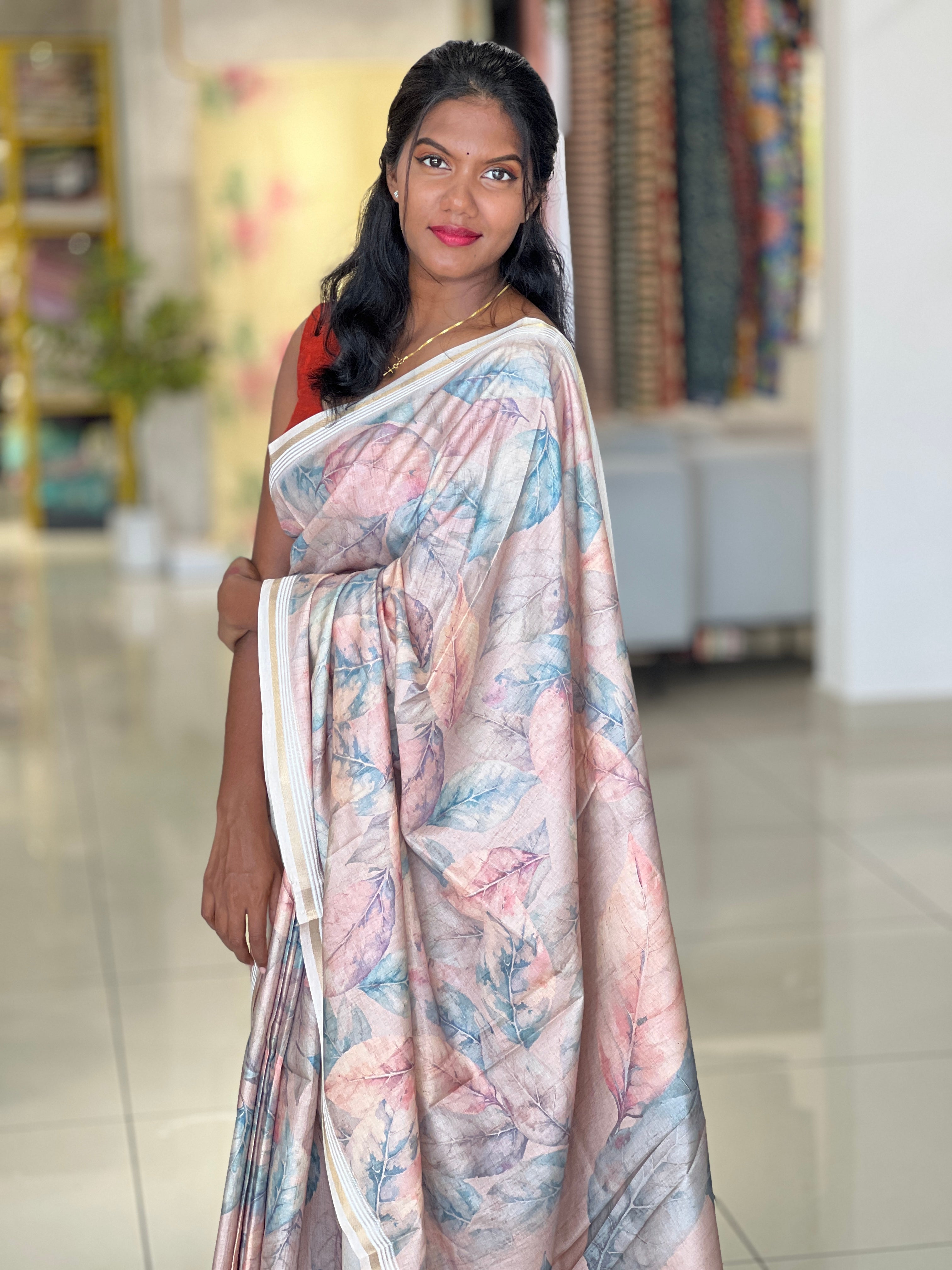 Leaf Print & Zari Detailed Semi Tussar Saree | SSN412