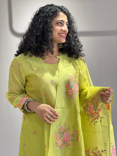 Floral Cross Stitch Embroidered Supernet Kota Kurta Set | ROM101