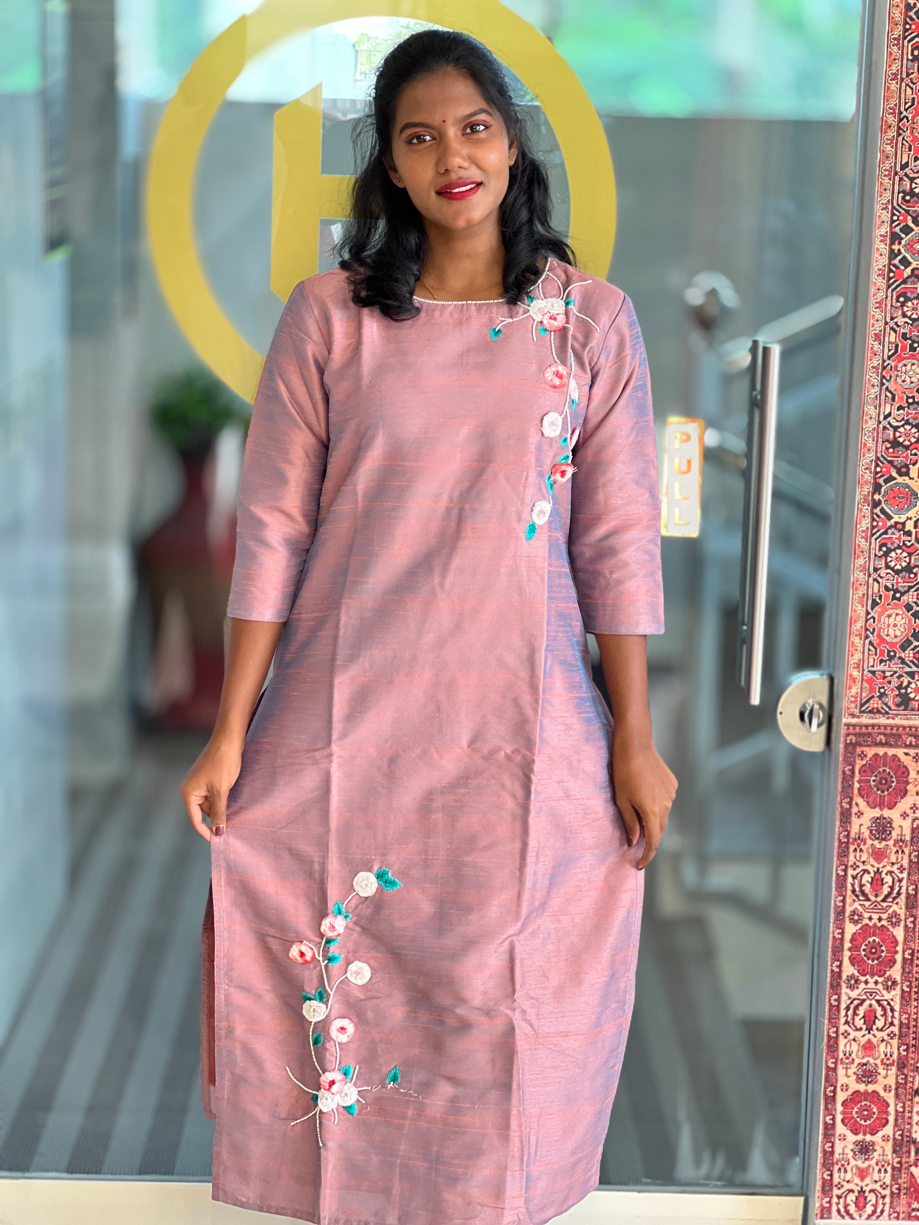 Machine Embroidered Slub Silk Kurta | DNT545
