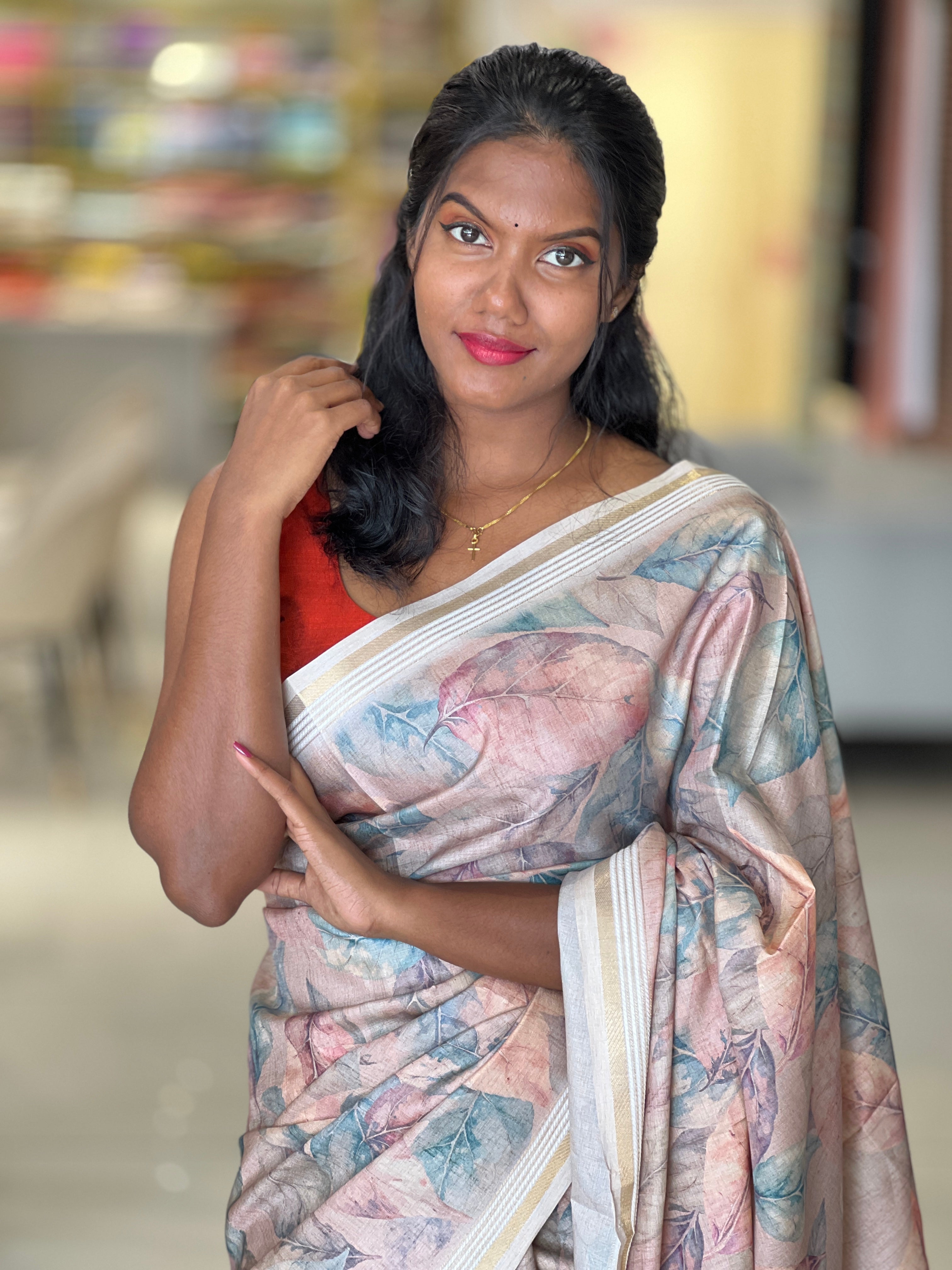 Leaf Print & Zari Detailed Semi Tussar Saree | SSN412