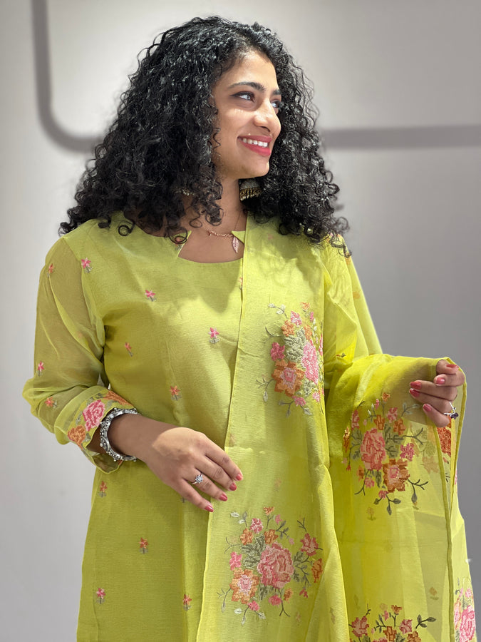 Floral Cross Stitch Embroidered Supernet Kota Kurta Set | ROM101