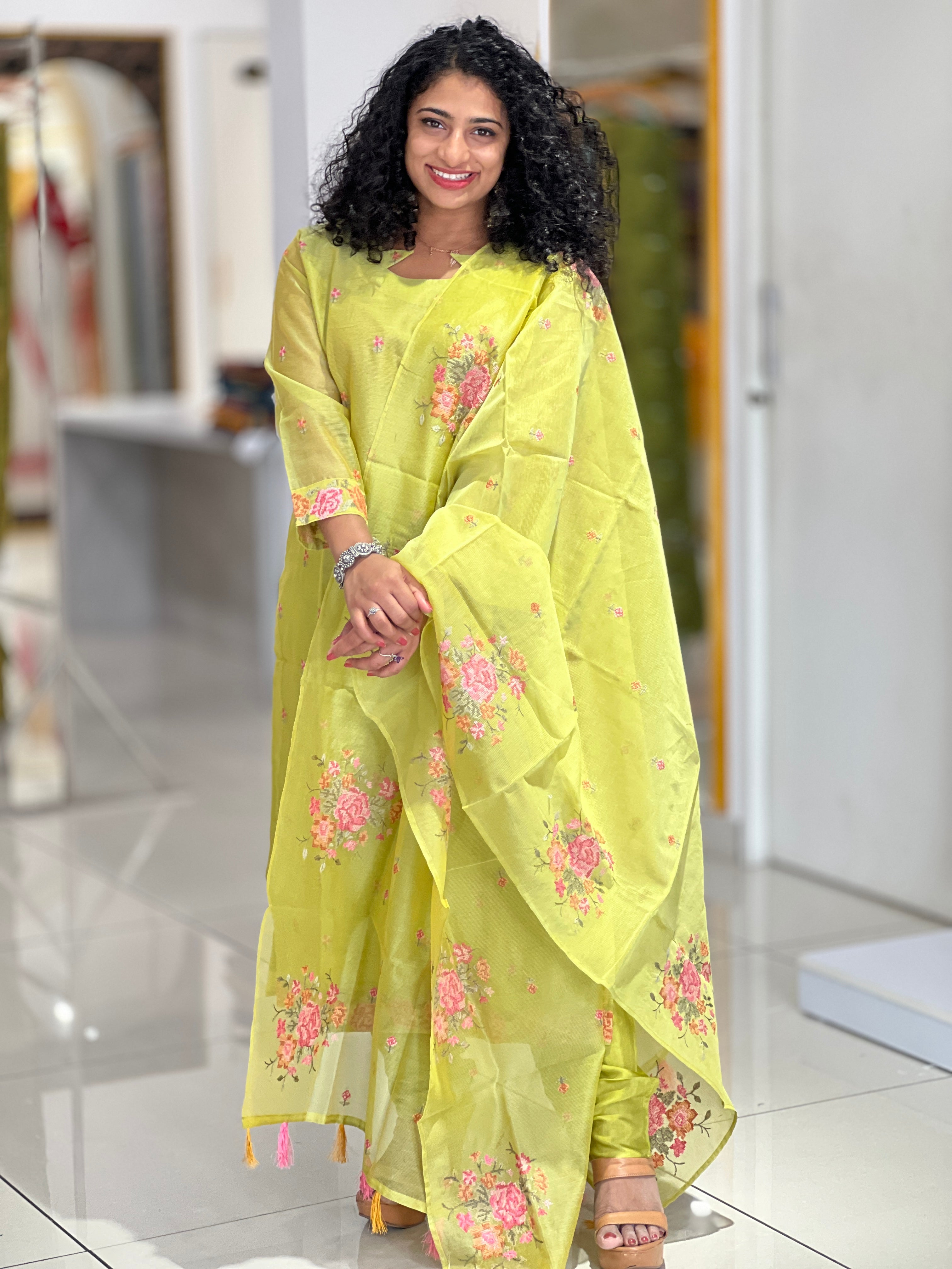 Floral Cross Stitch Embroidered Supernet Kota Kurta Set | ROM101