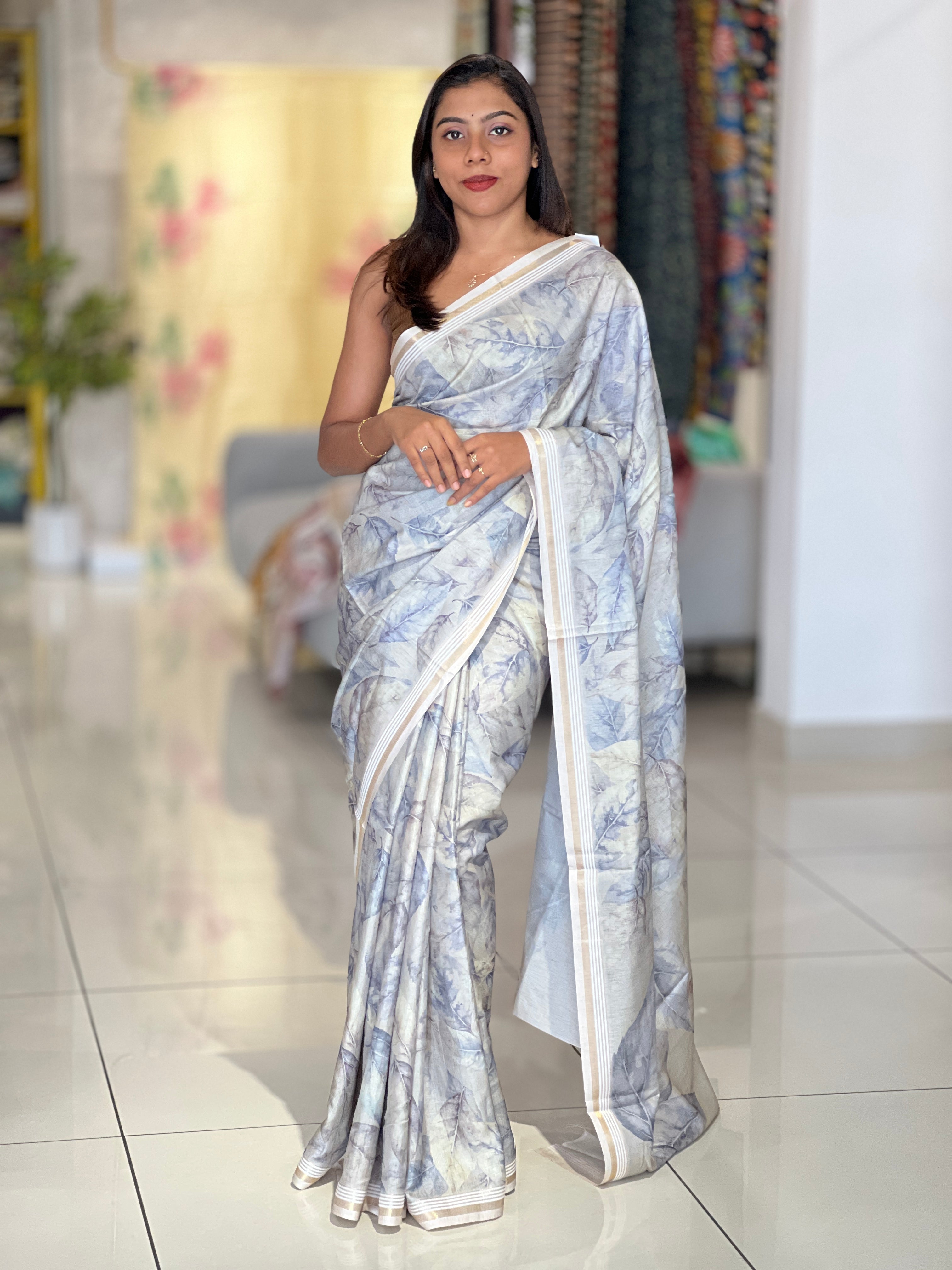 Leaf Print & Zari Detailed Semi Tussar Saree | SSN411
