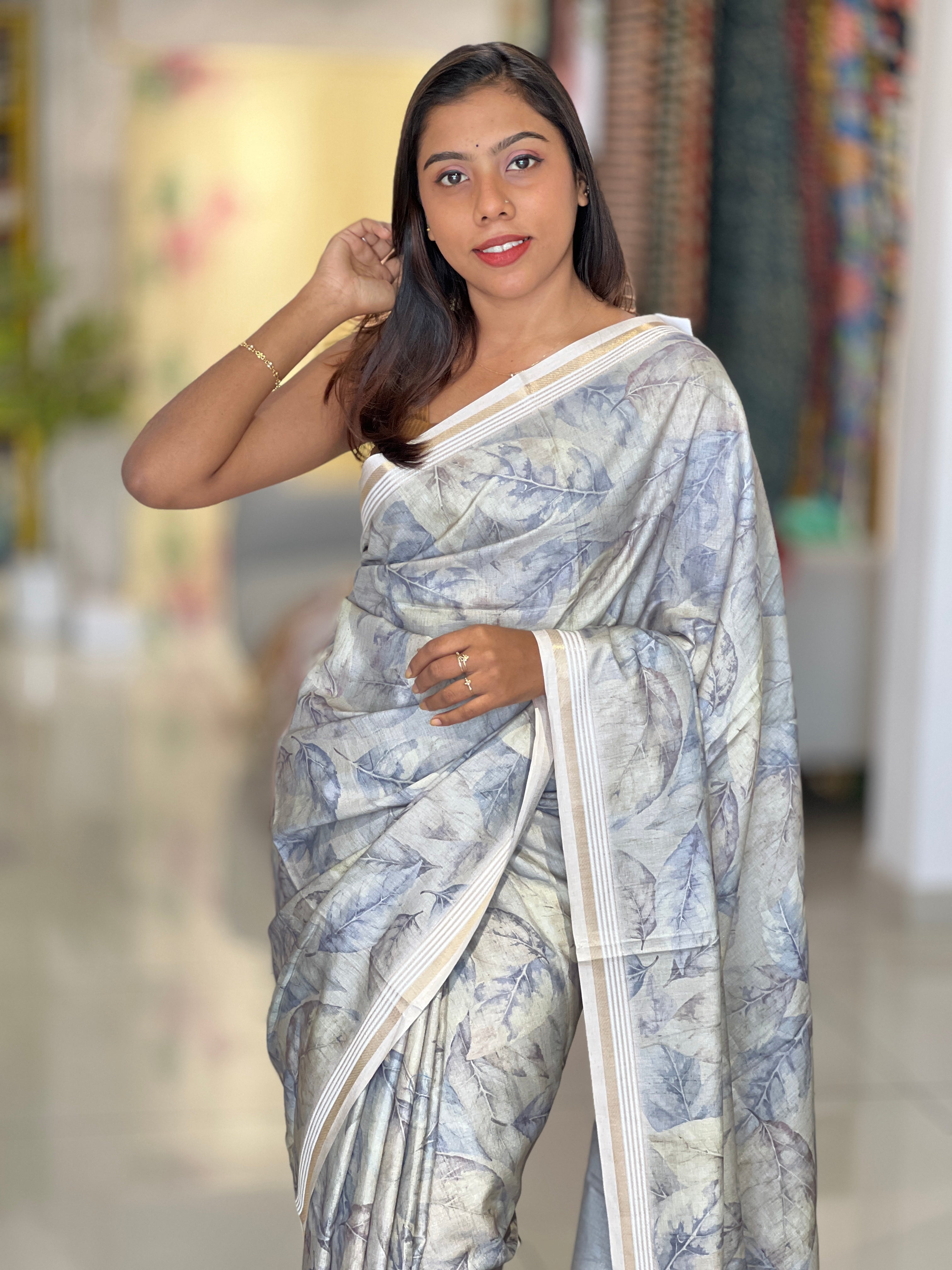 Leaf Print & Zari Detailed Semi Tussar Saree | SSN411