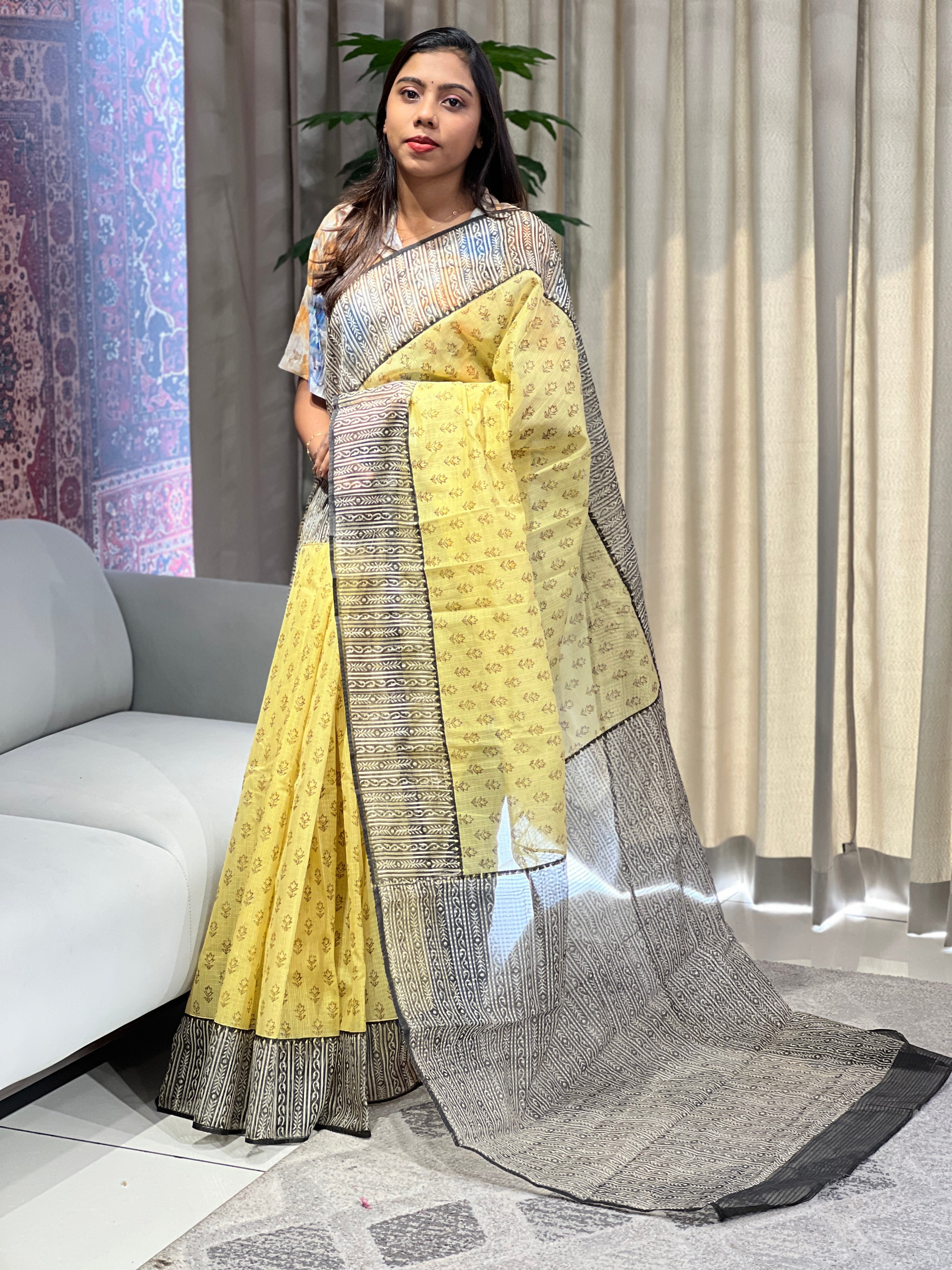 Block Print Detailed Check Organza Saree | JSC487