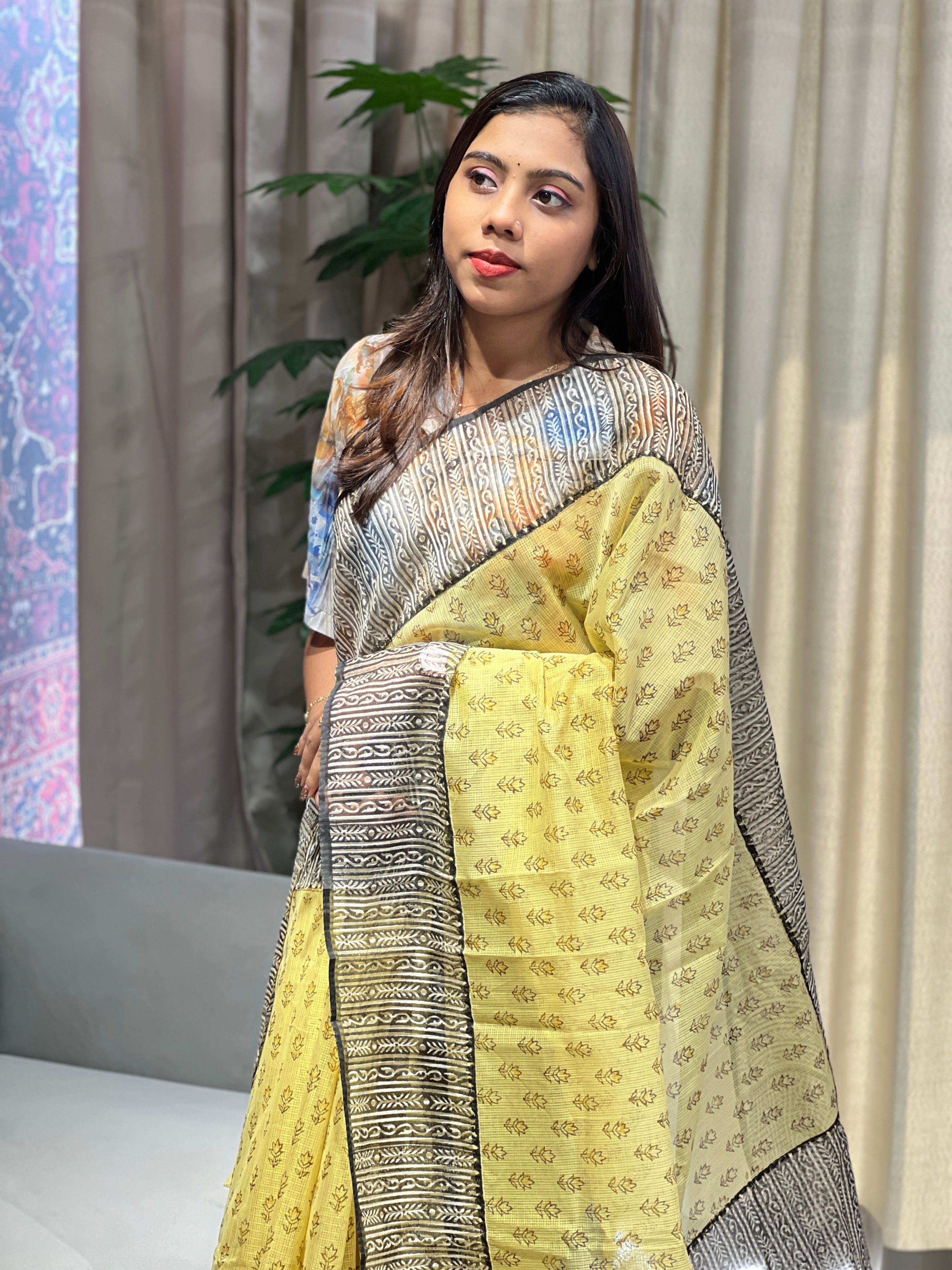 Block Print Detailed Check Organza Saree | JSC487