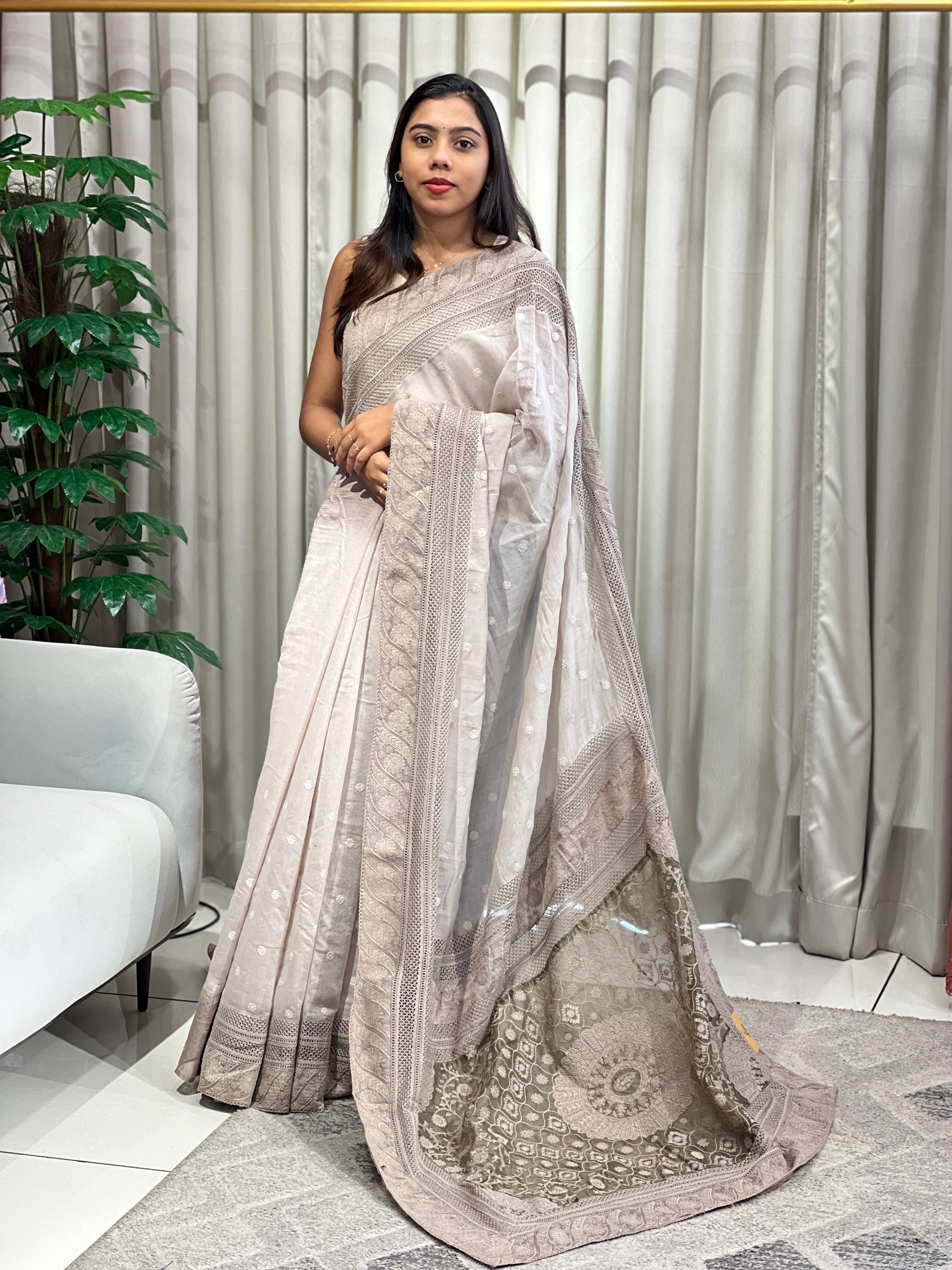 Lucknowi Inspired Embroidery Detailed Pure Chanderi Saree | MM371