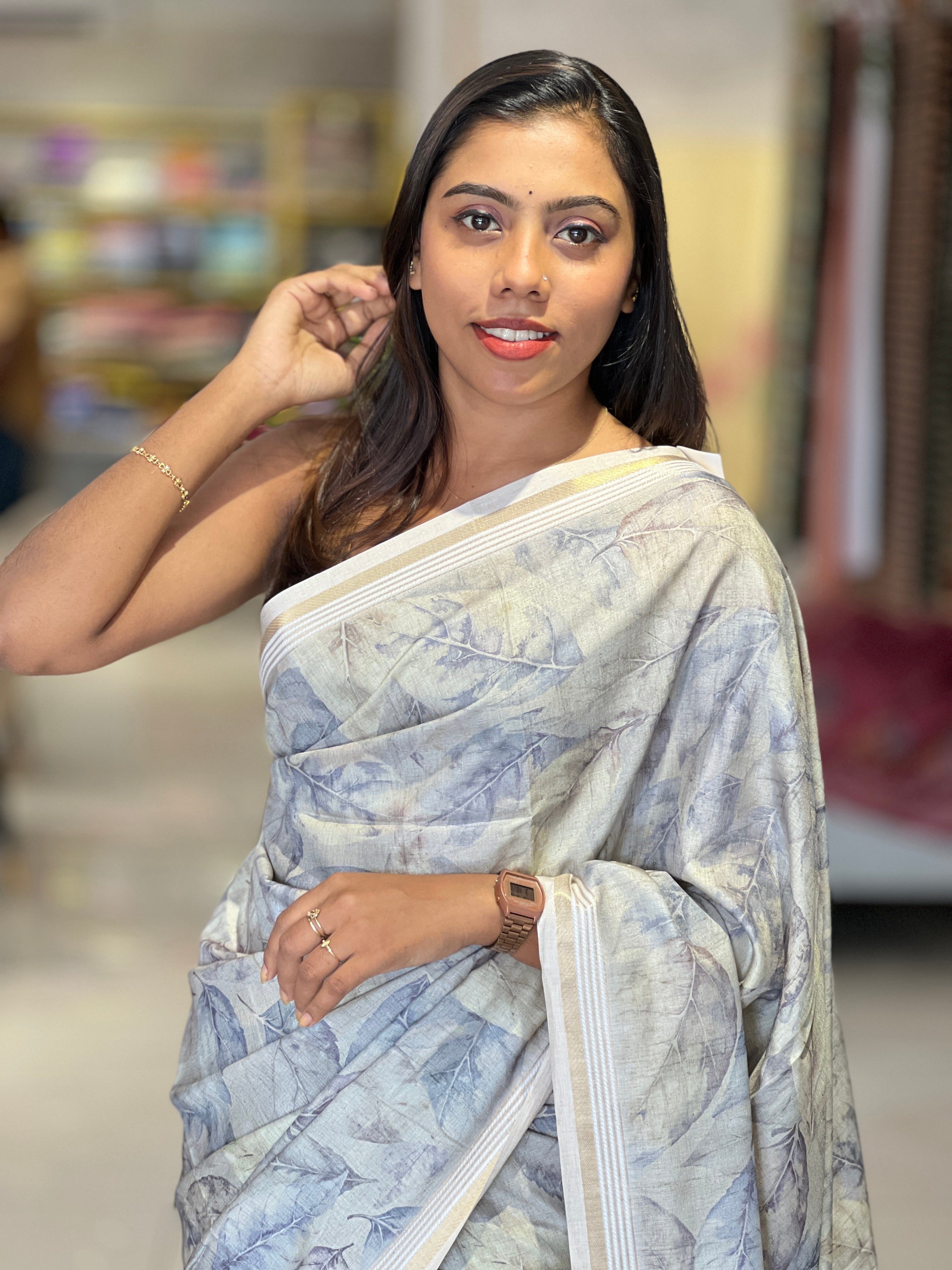 Leaf Print & Zari Detailed Semi Tussar Saree | SSN411