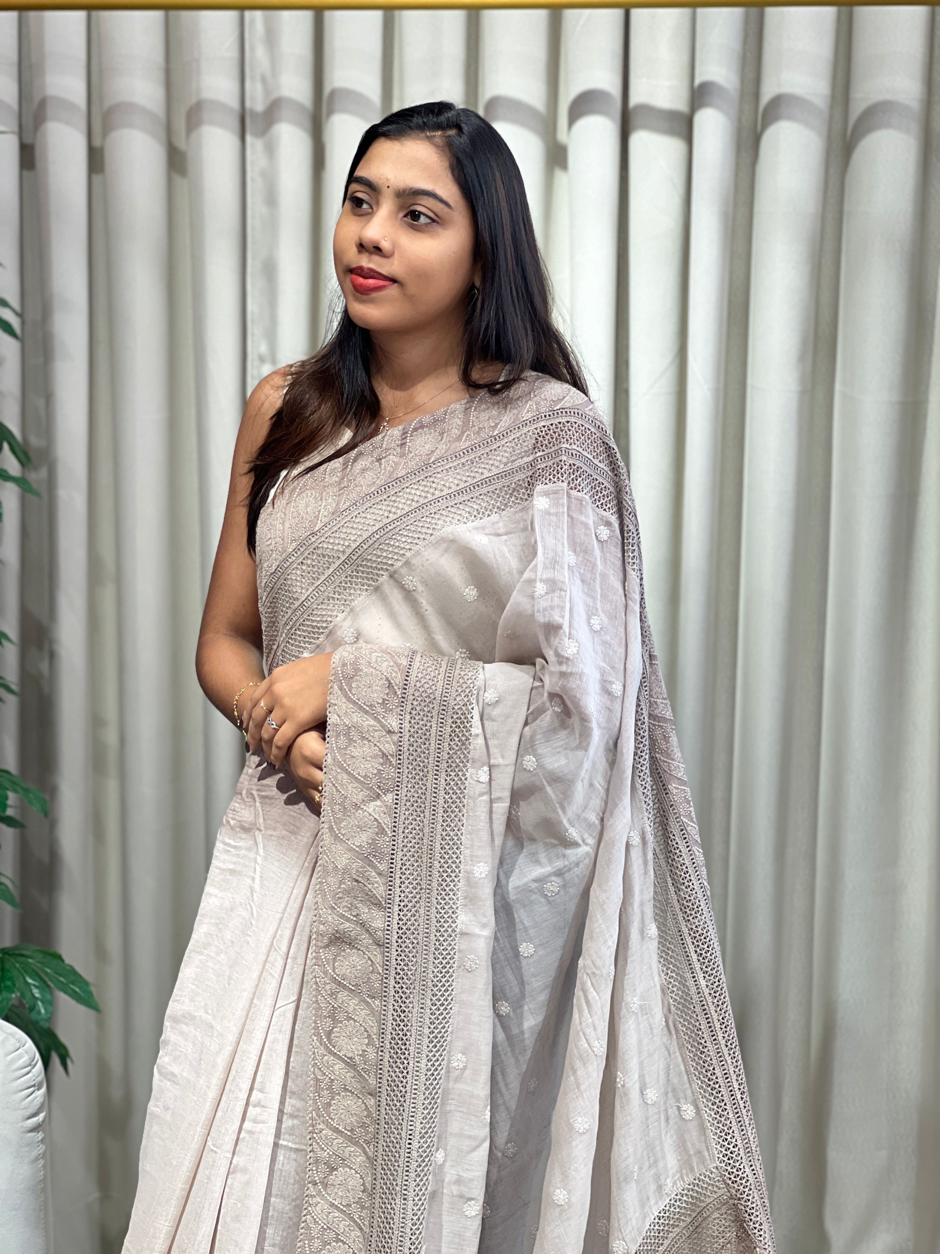 Lucknowi Inspired Embroidery Detailed Pure Chanderi Saree | MM371