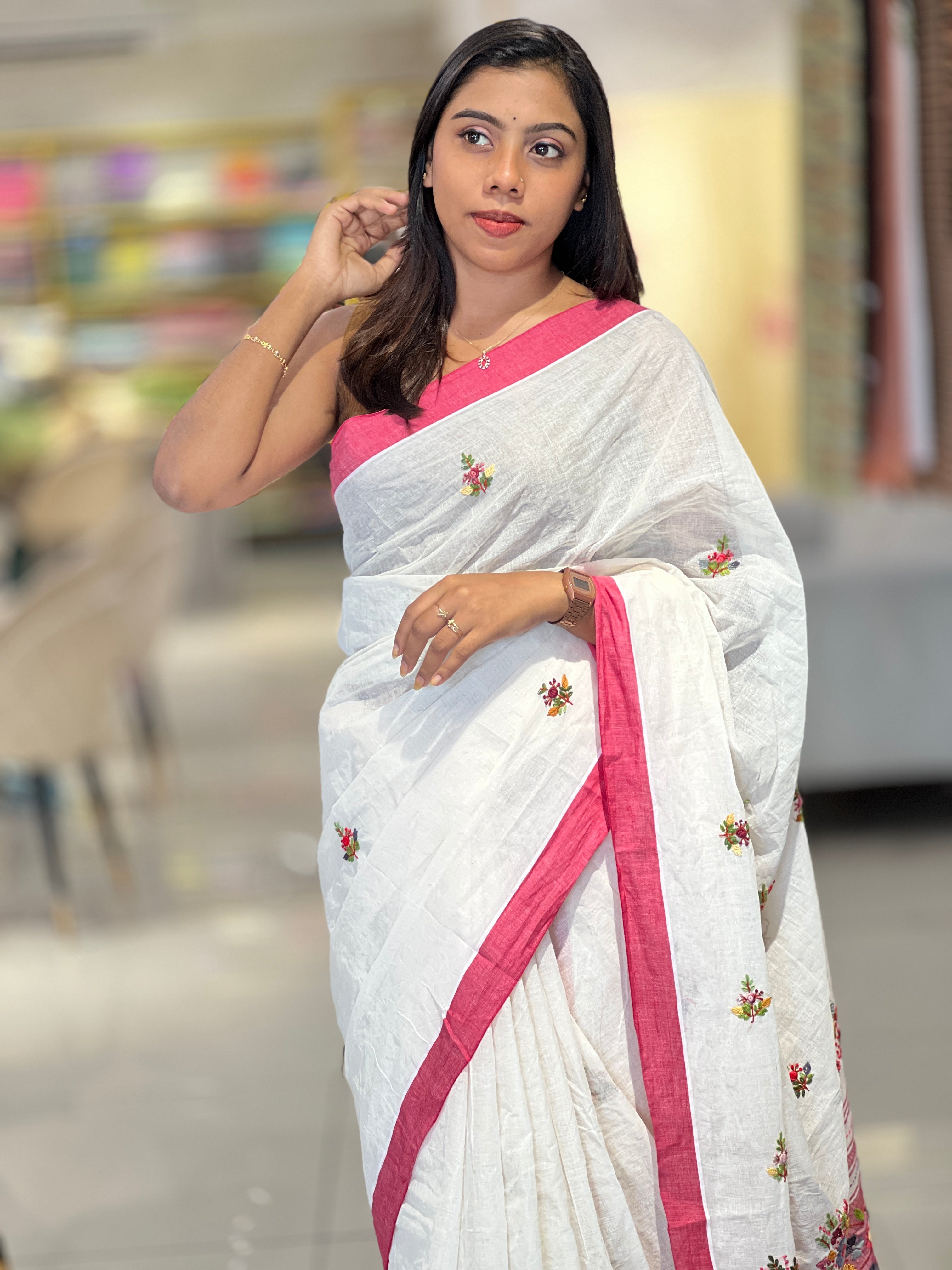 Hand Embroidered Linen Cotton Saree | RP777