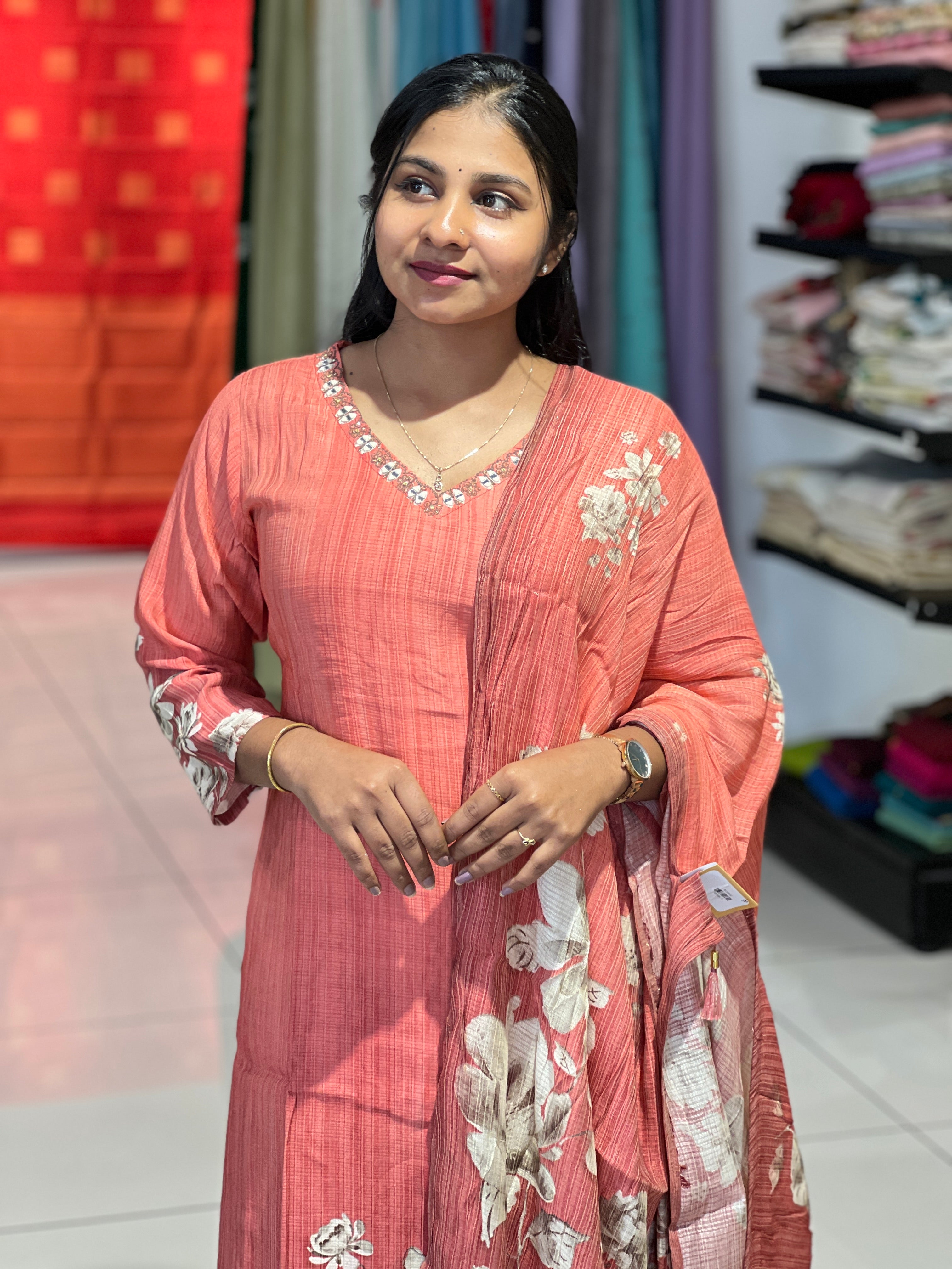 Floral Print With Embroidery Detailed Muslin Kurta Set | FW358