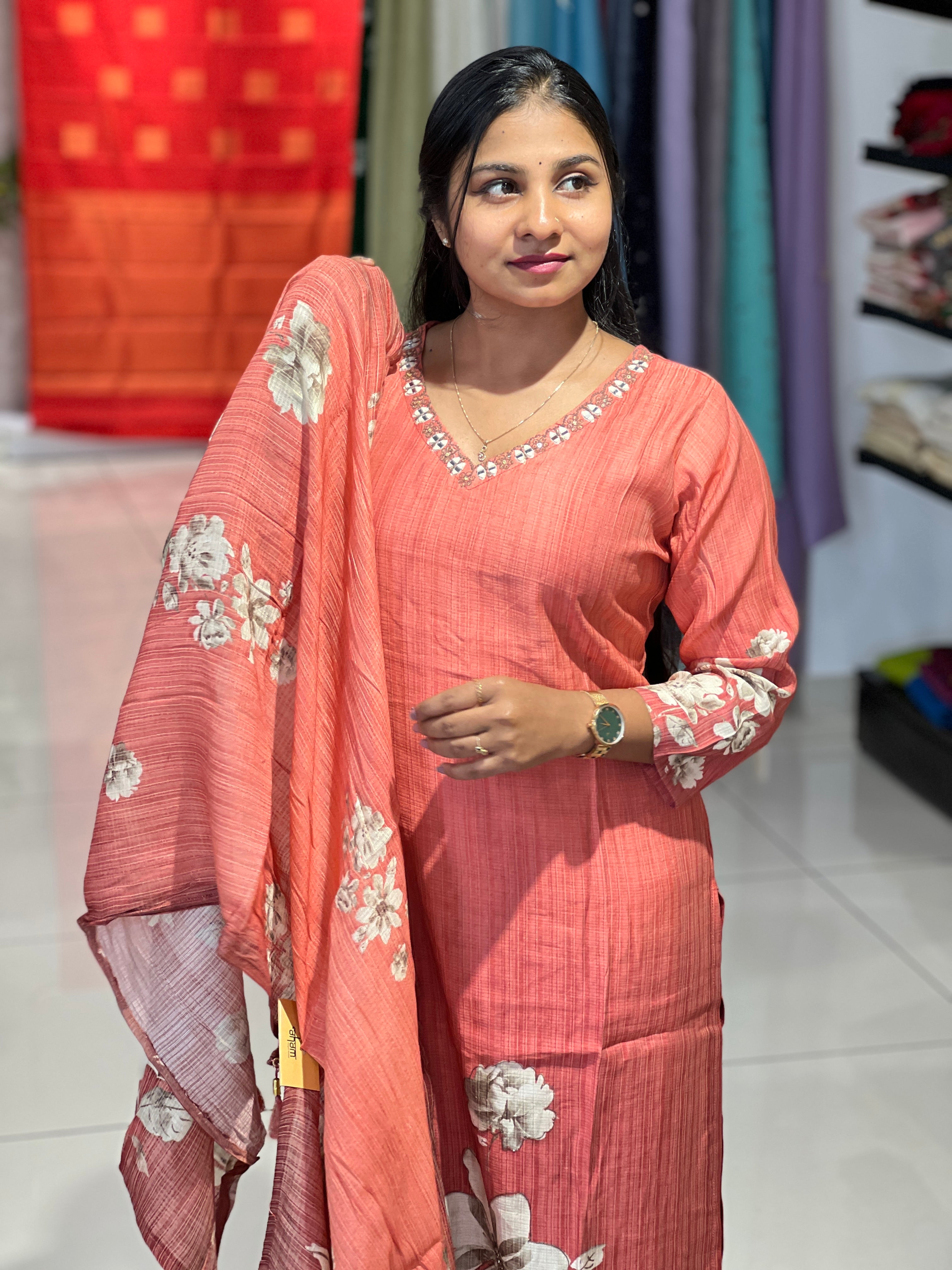 Floral Print With Embroidery Detailed Muslin Kurta Set | FW358