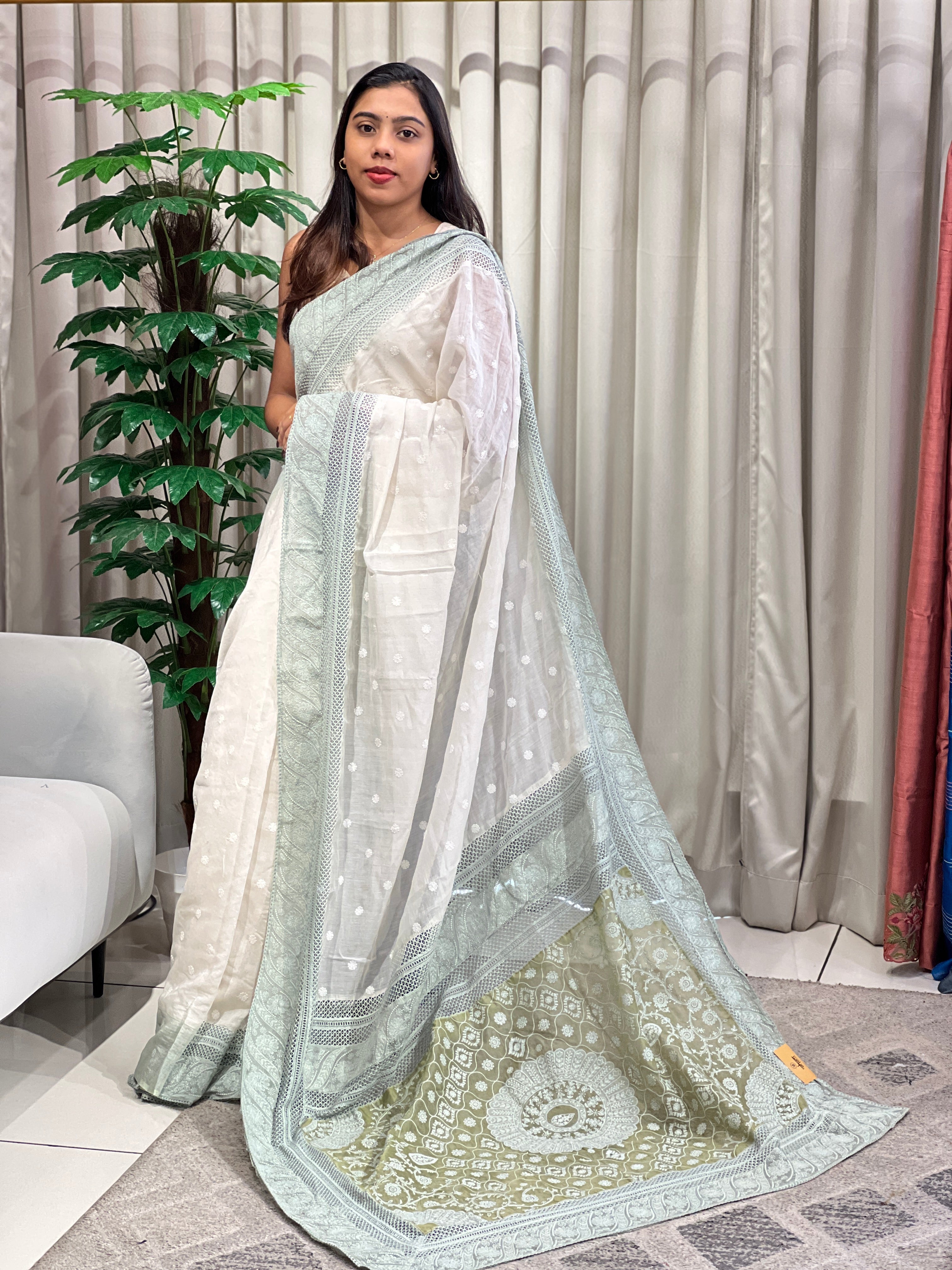 Lucknowi Inspired Embroidery Detailed Pure Chanderi Saree | MM374