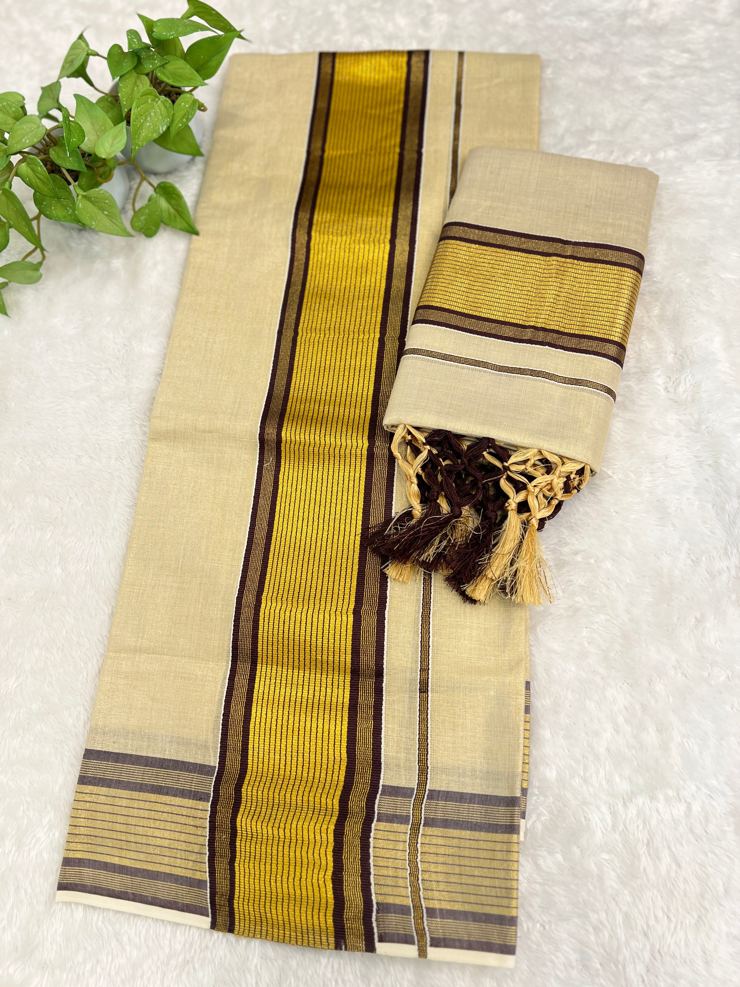 Stripe Border Pattern Kerala Cotton Set Mundu | GAT553