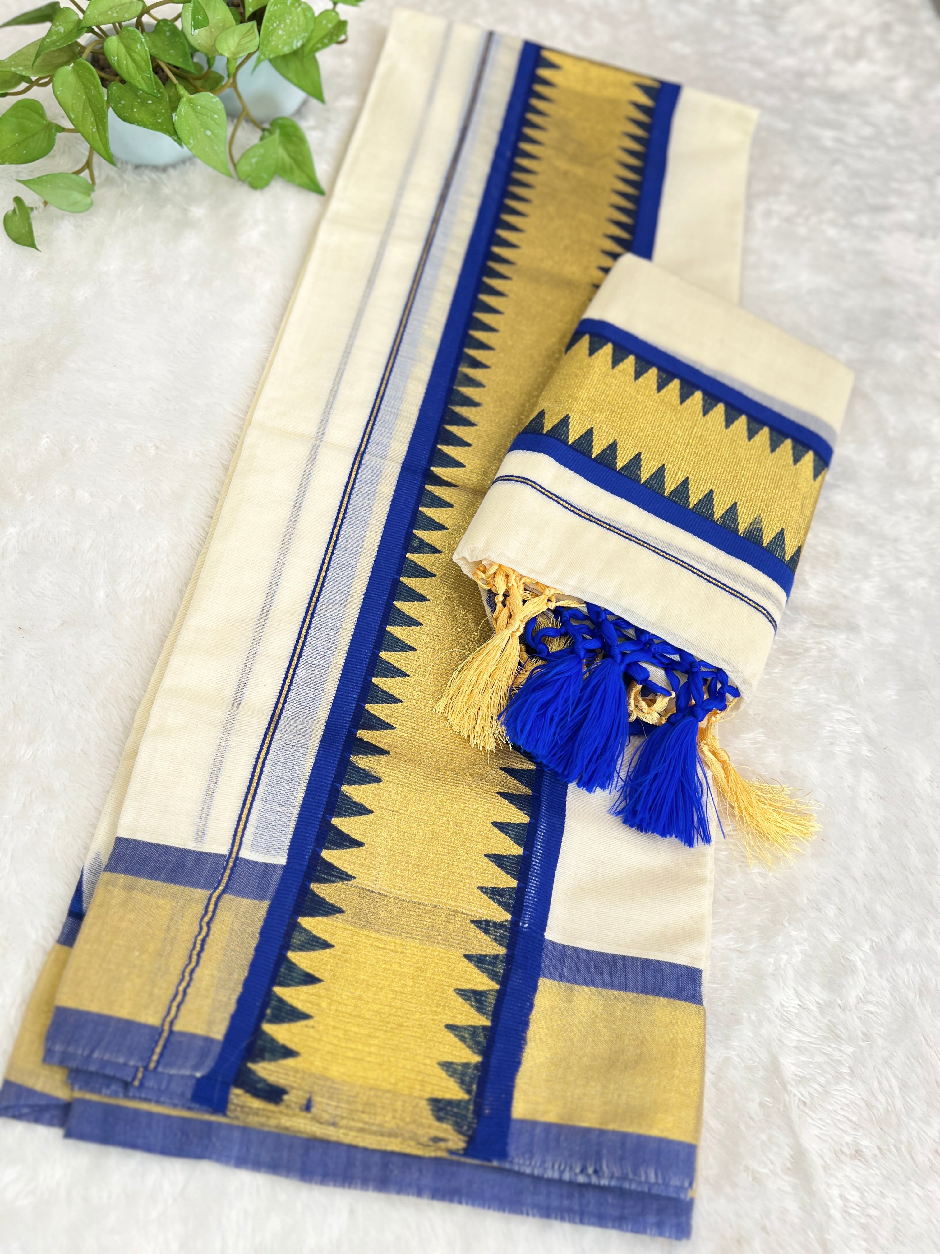 Temple Pattern Border Kerala Cotton Set Mundu | GAT574
