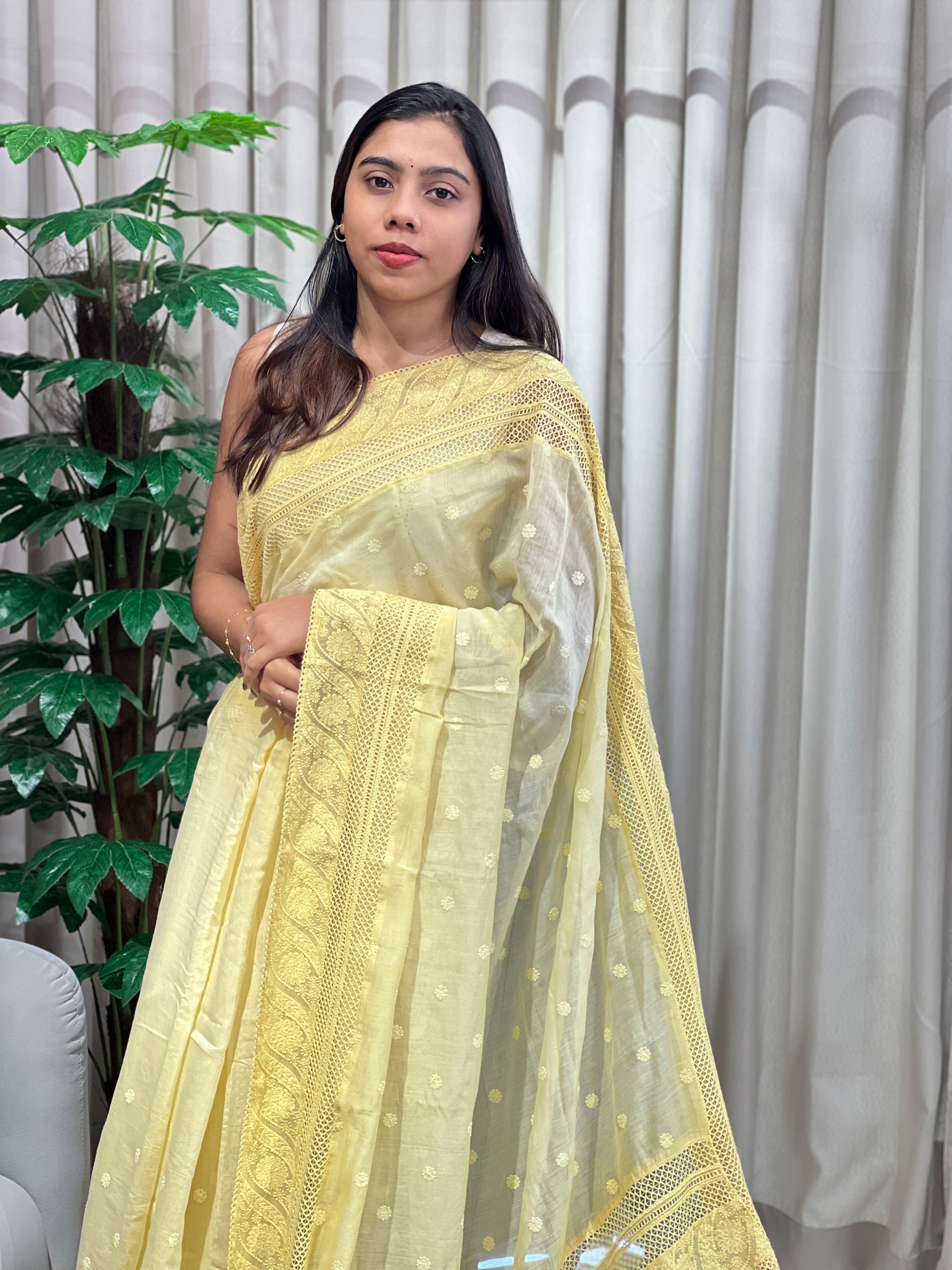 Lucknowi Inspired Embroidery Detailed Pure Chanderi Saree | MM373