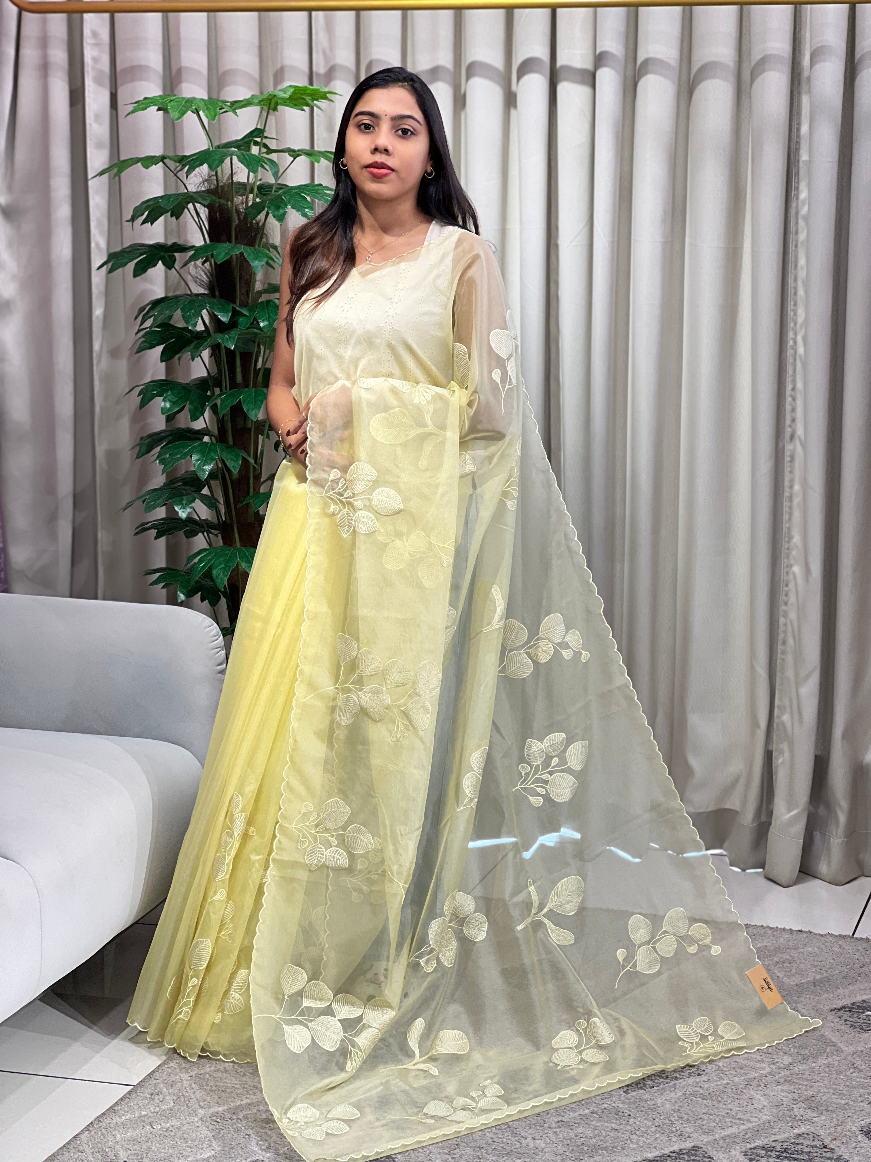 Leaf Applique Work Detailed Organza Saree | MM386