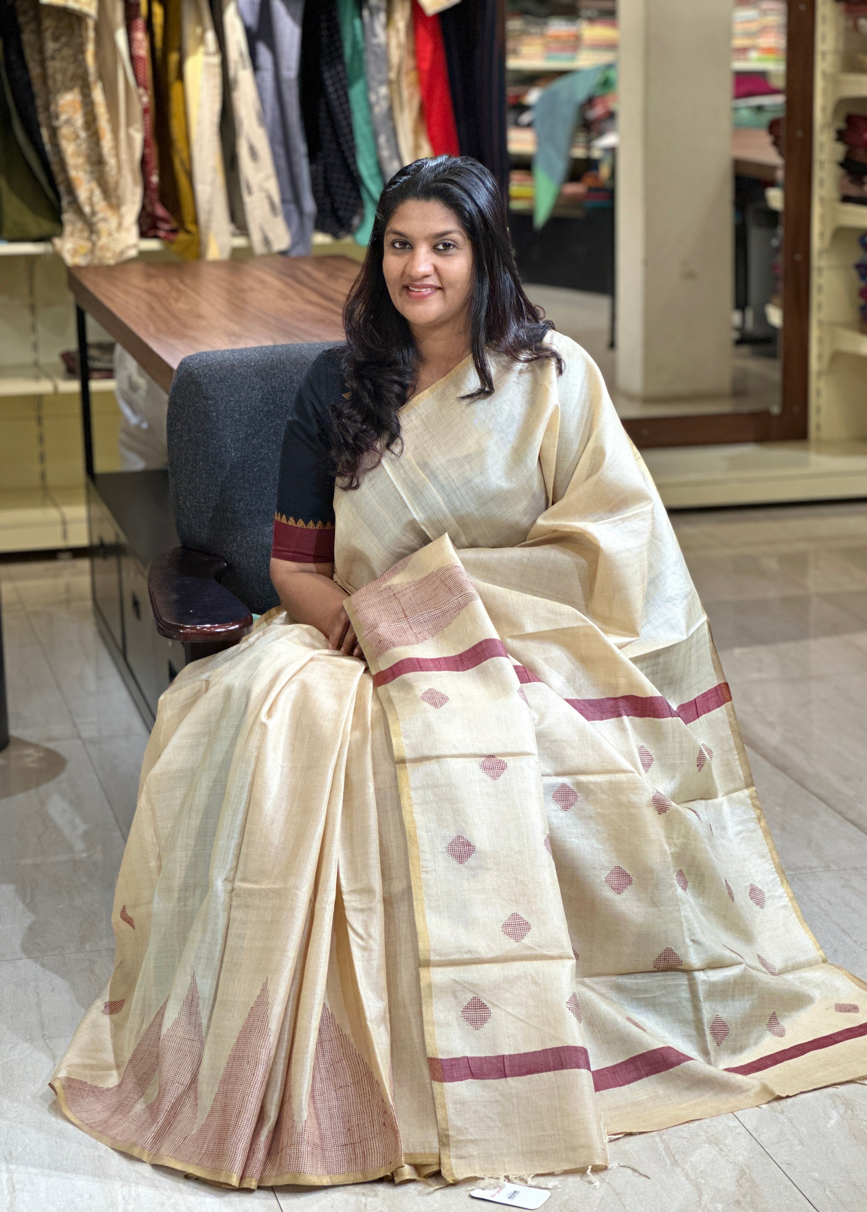 Temple Border Pattern Tussar Silk Saree | AHR385