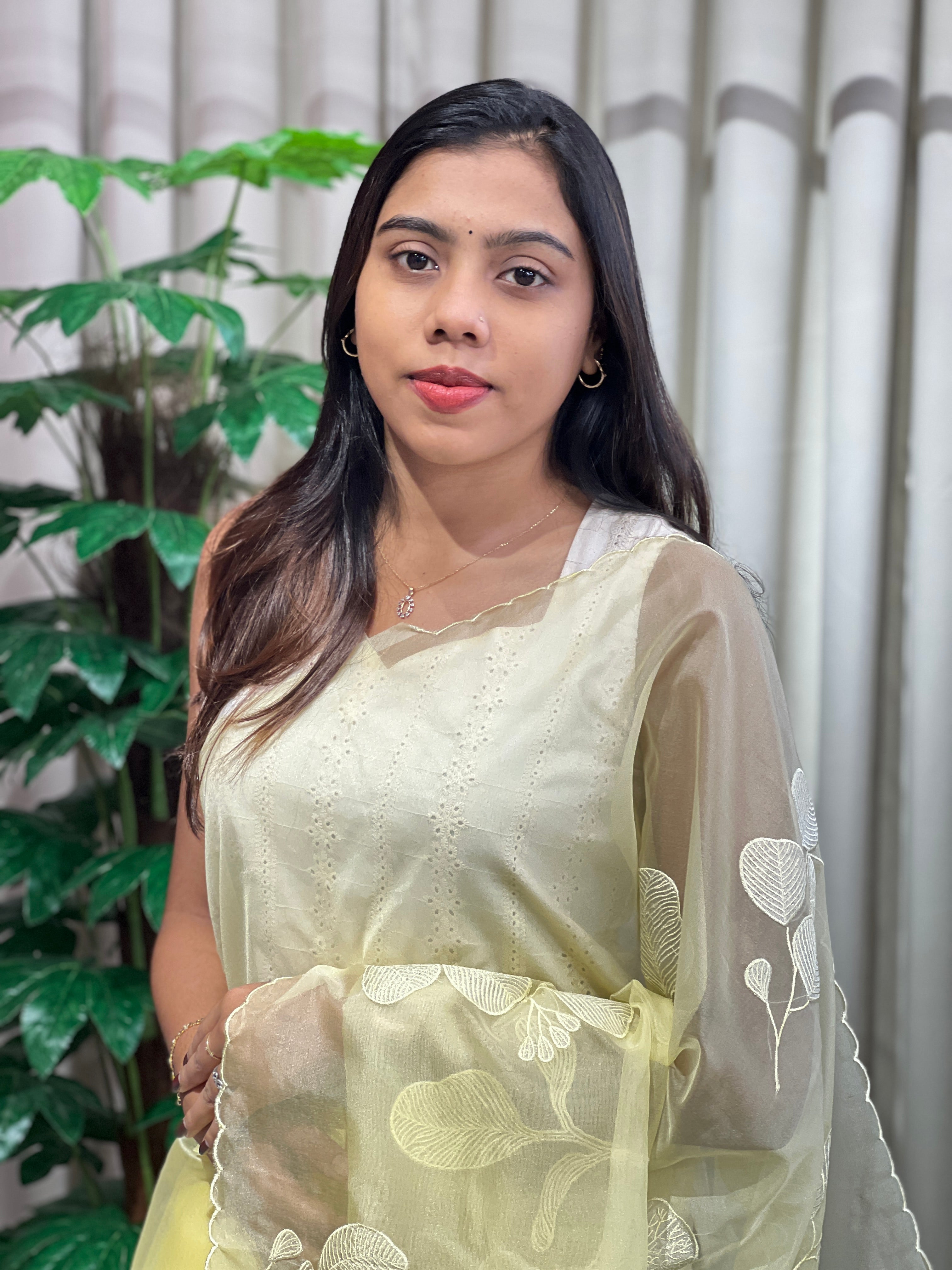 Leaf Applique Work Detailed Organza Saree | MM386