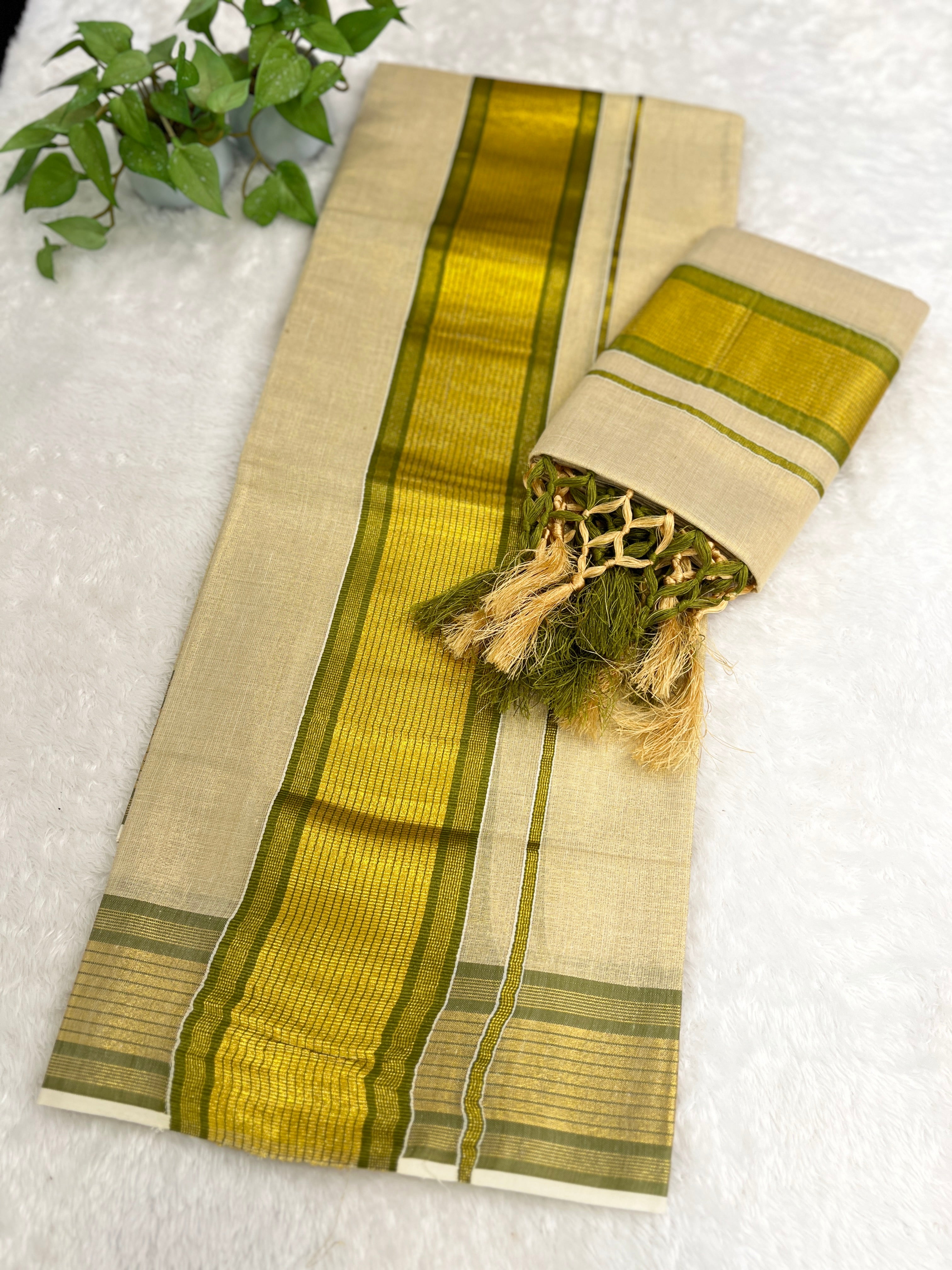 Stripe Border Pattern Tissue Kerala Cotton Set Mundu | GAT554