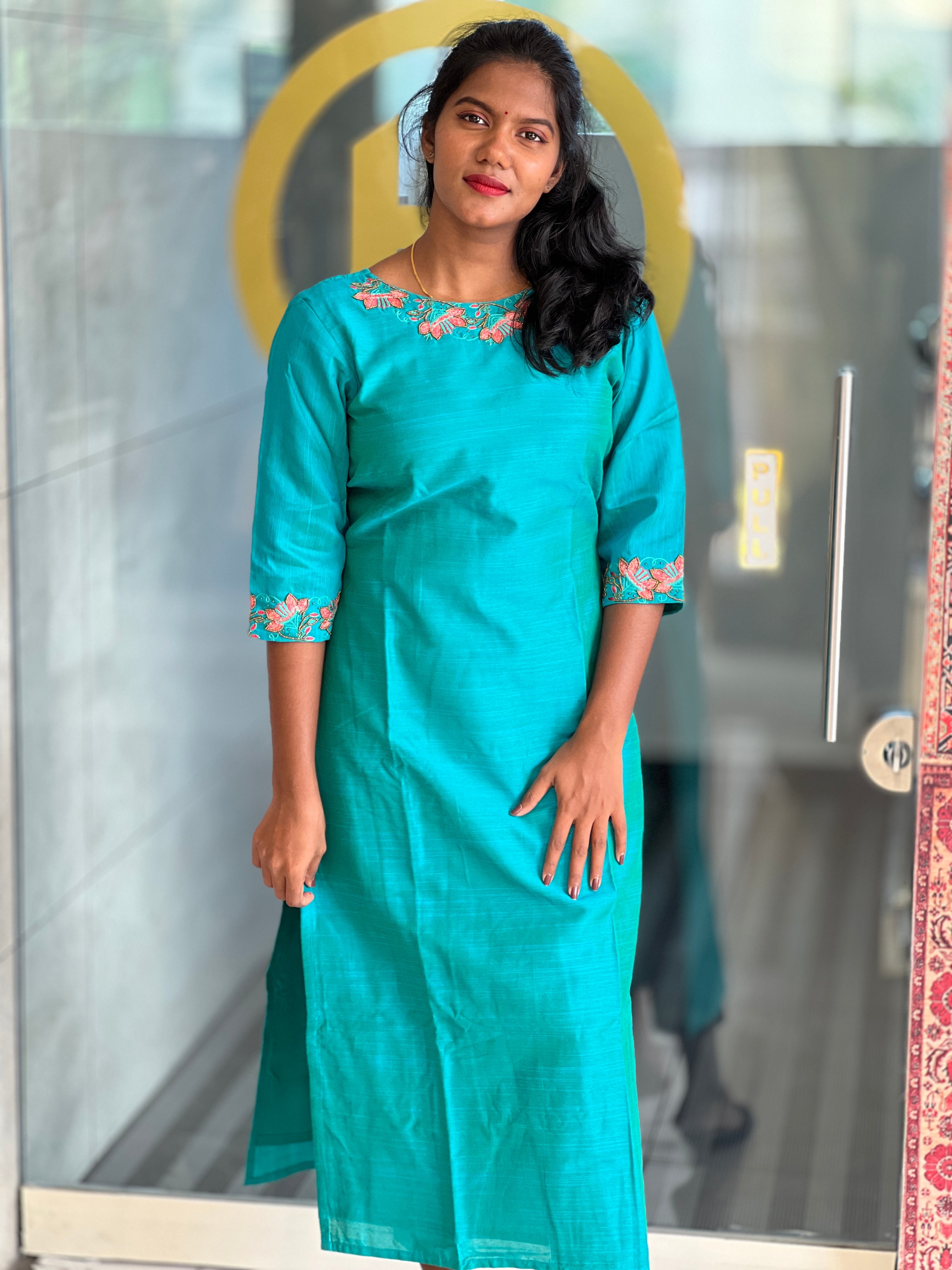 Machine Embroidered Slub Cotton Kurta | DNT544