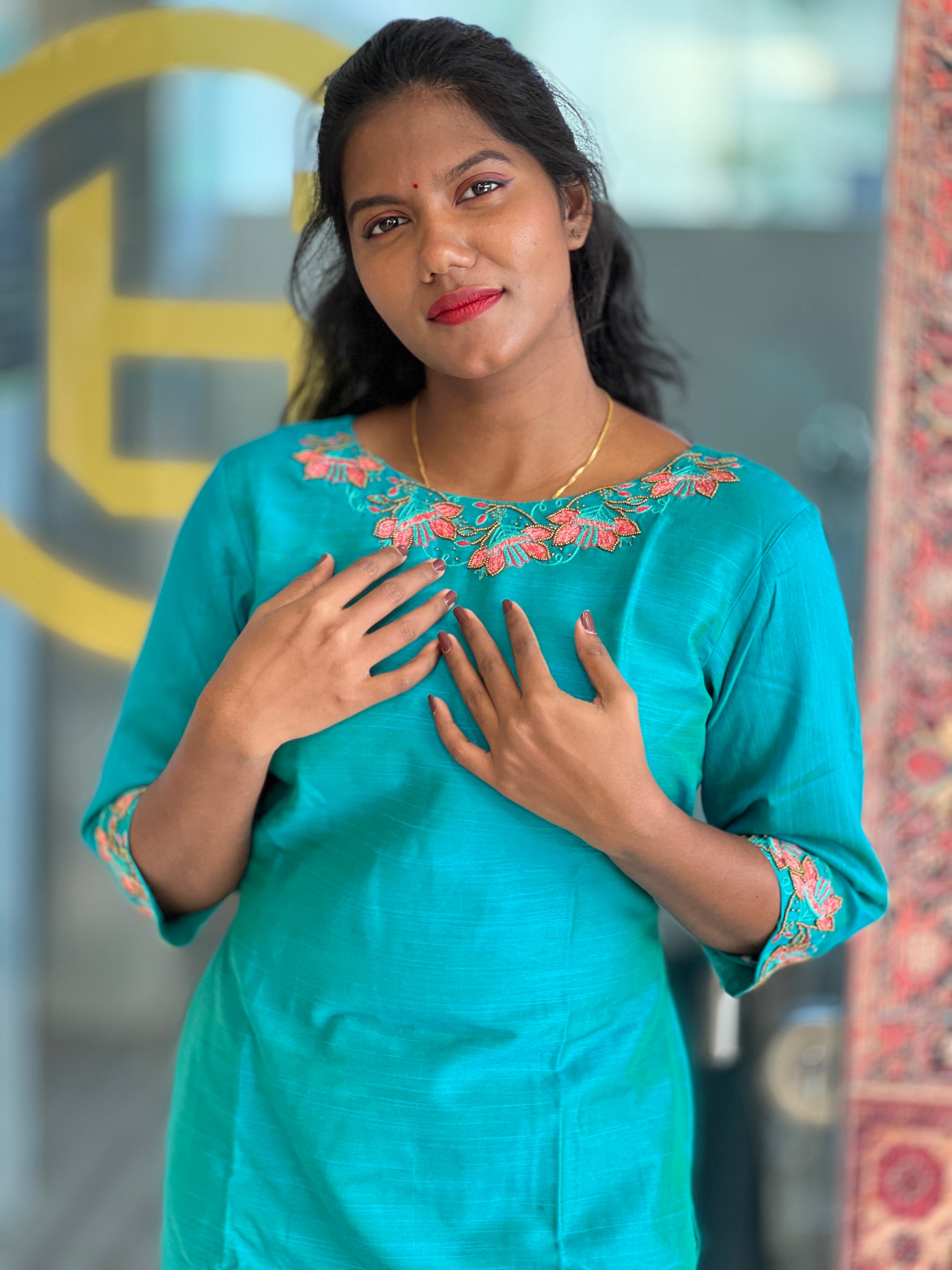 Machine Embroidered Slub Cotton Kurta | DNT544