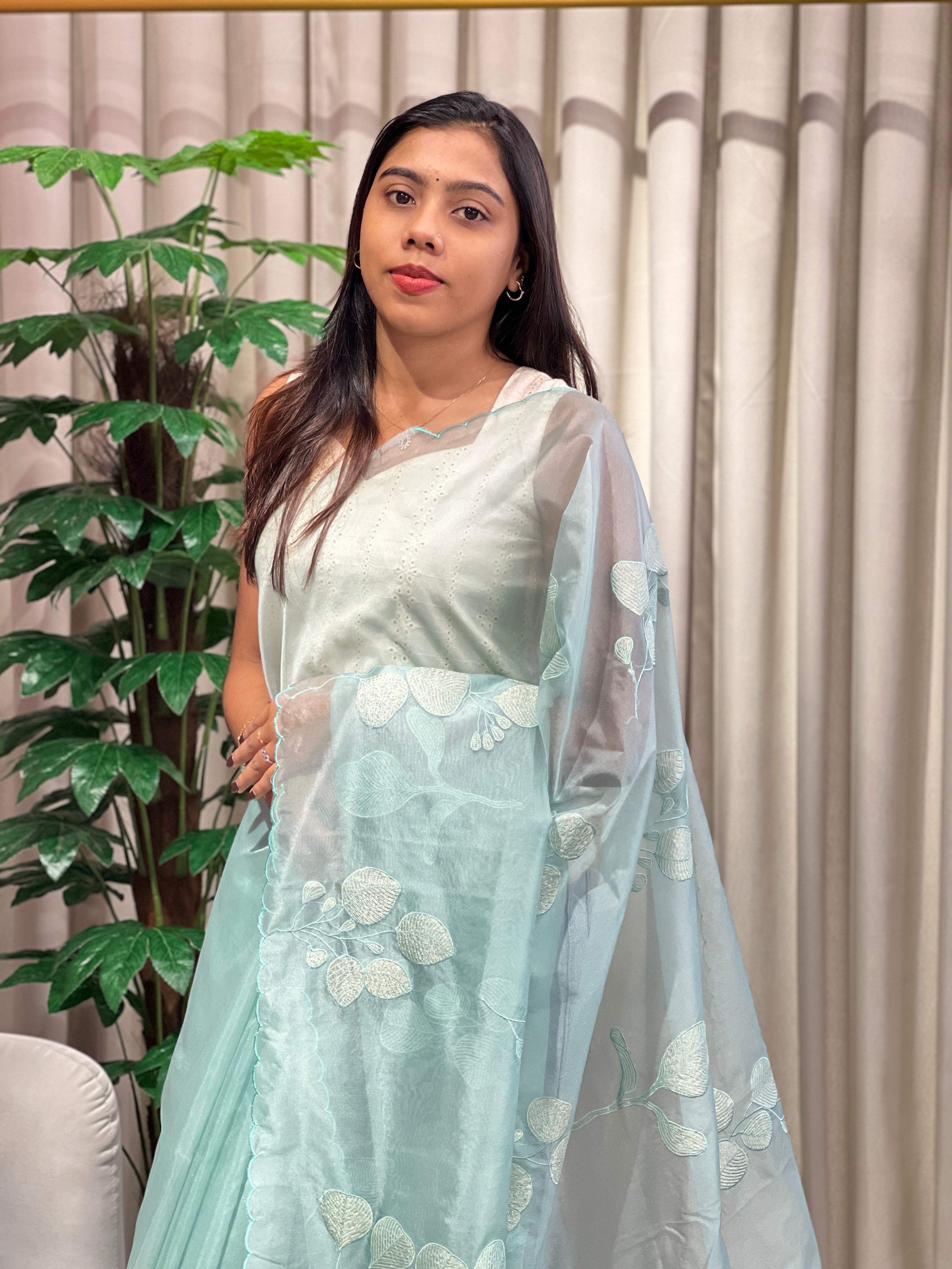 Leaf Applique Work Detailed Organza Saree | MM387