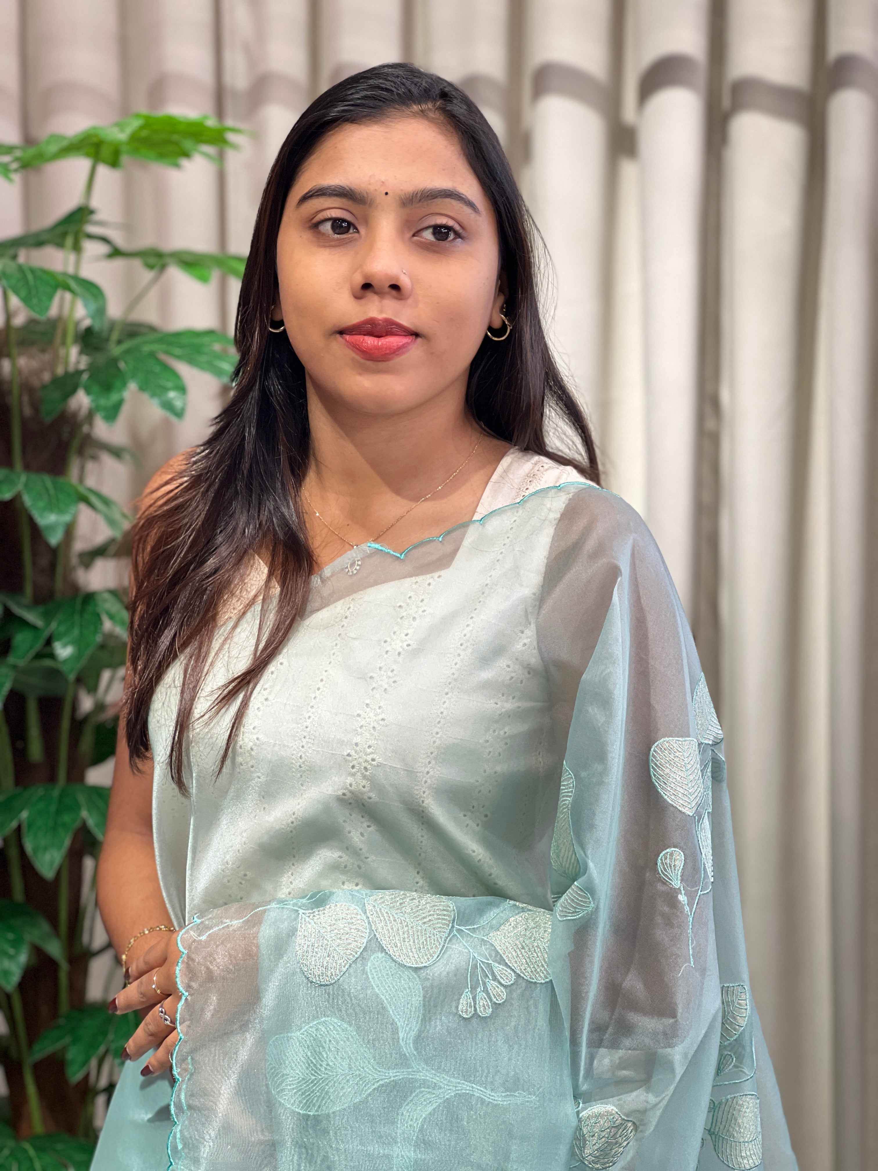 Leaf Applique Work Detailed Organza Saree | MM387