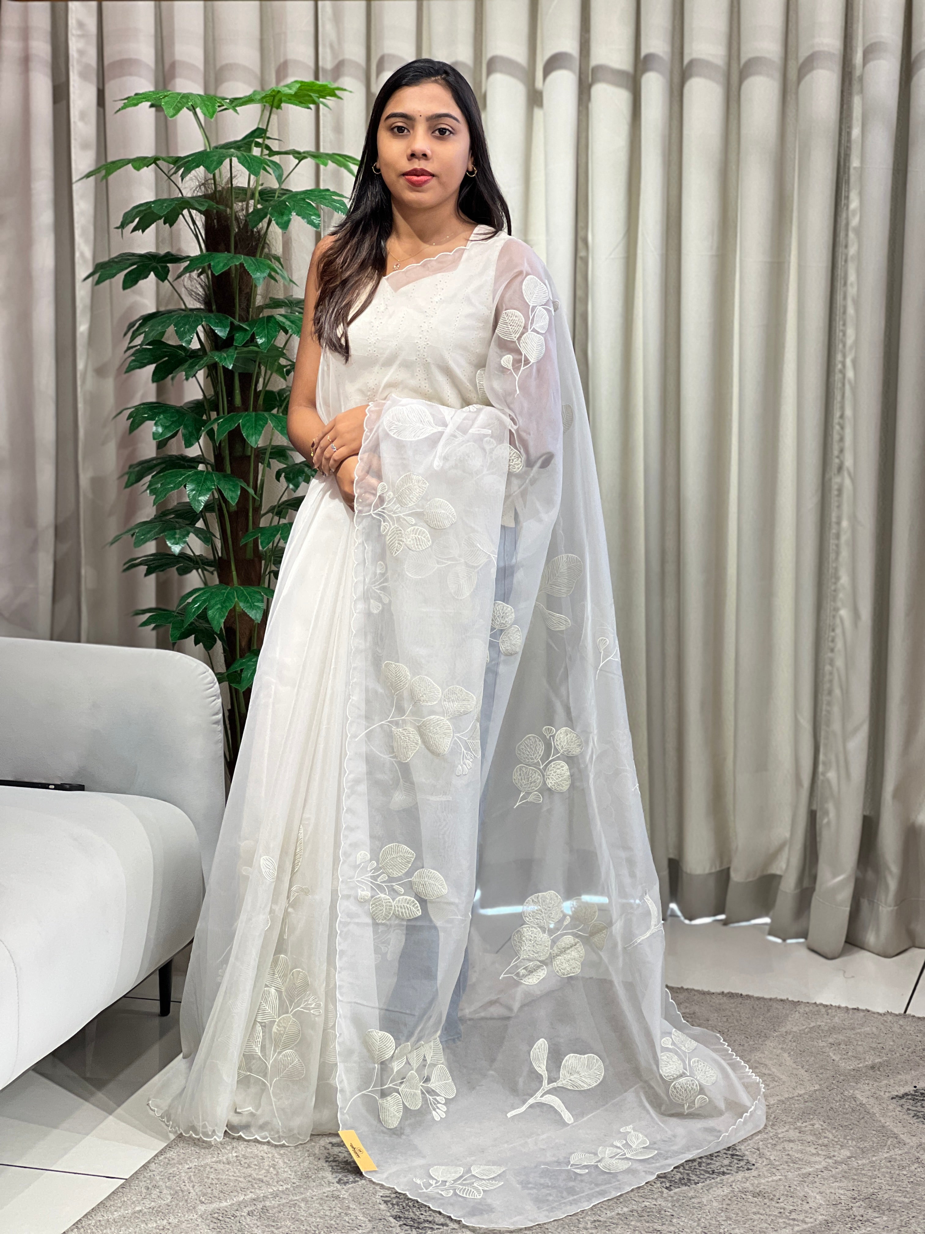 Leaf Applique Work Detailed Organza Saree | MM388