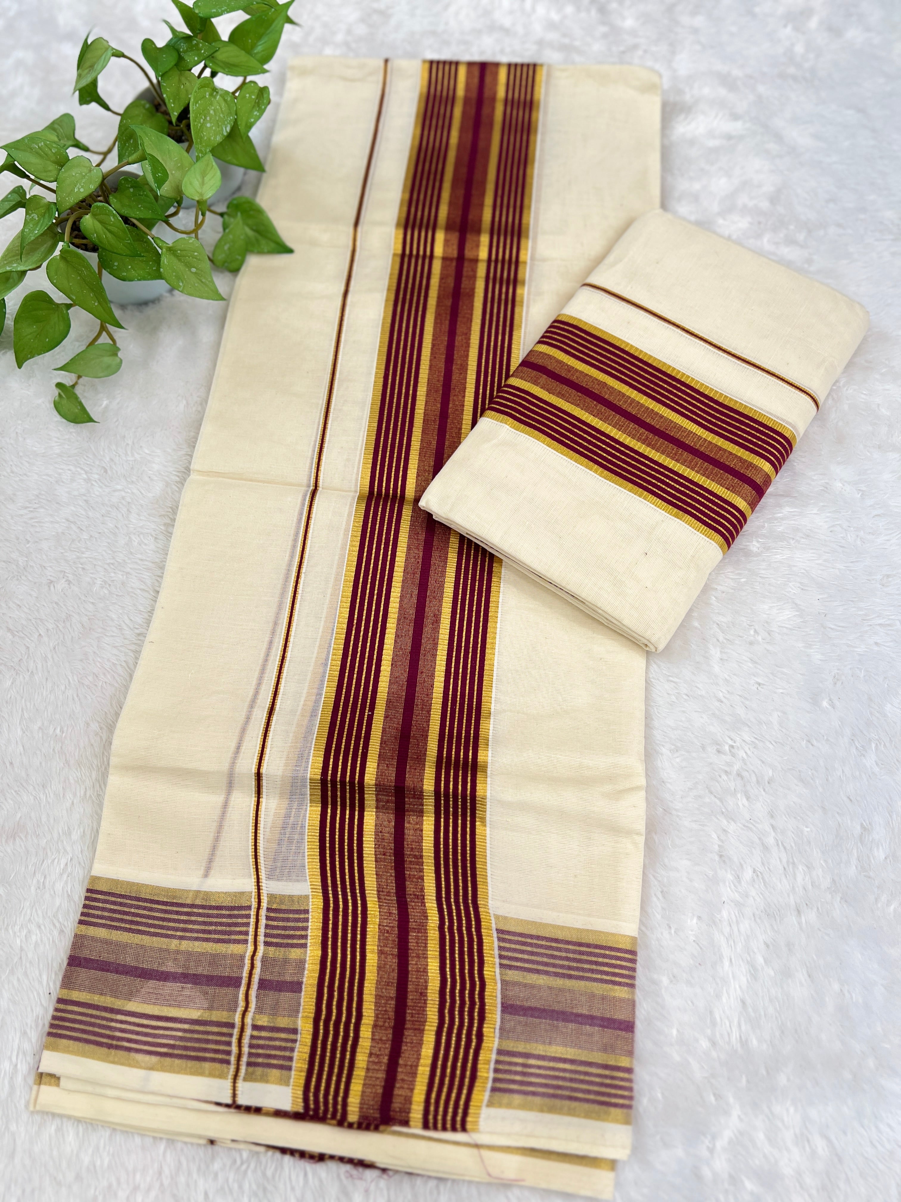 Stripe Border Pattern Kerala Cotton Set Mundu | GAT546